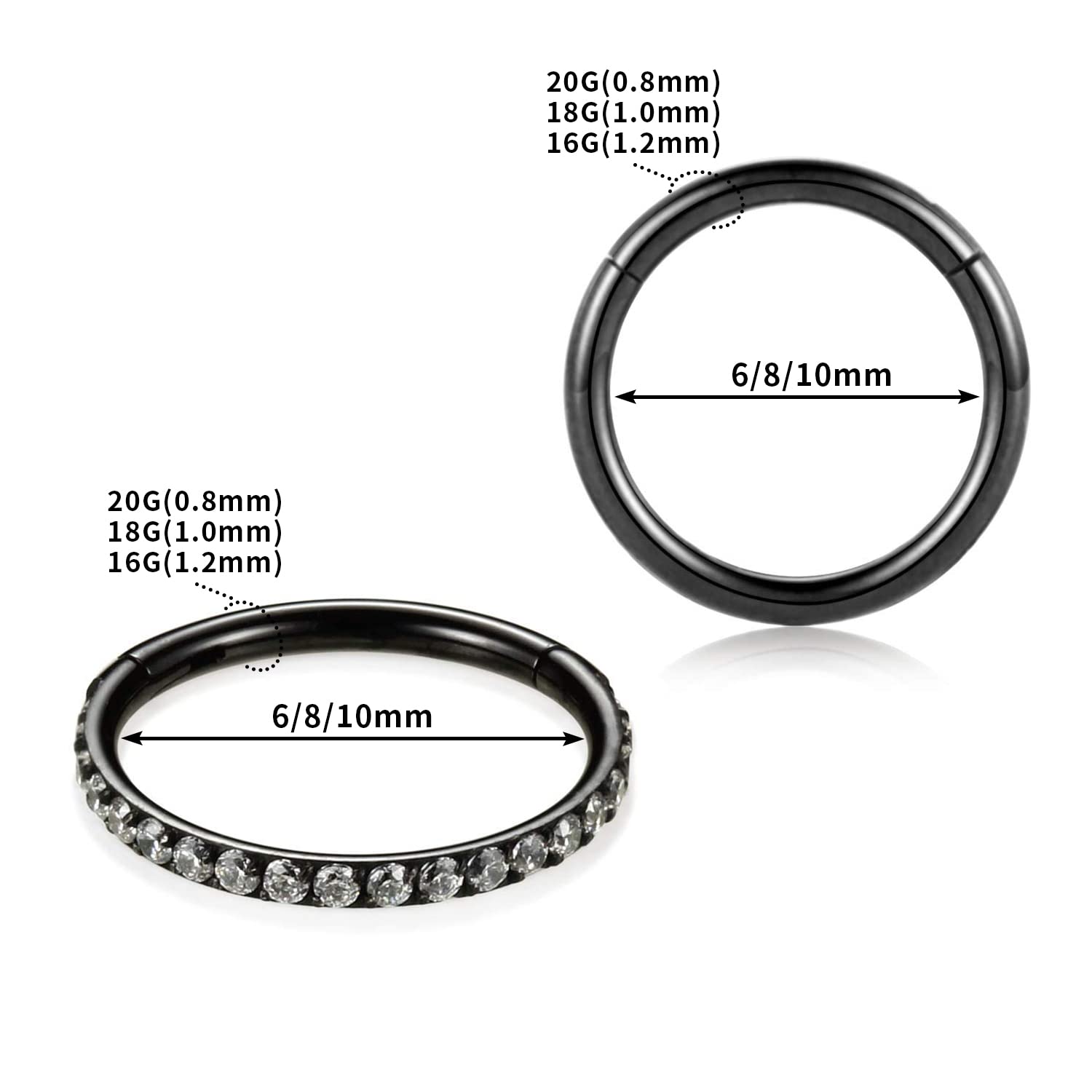 PEAKLINK 16G Septum Hoop Earrings - 316L Surgical Steel Seamless Clicker Nose Ring - 2PCS Daith, Conch, Tragus, Helix, Rook, Cartilage, Lobe Piercing Jewelry - 8mm & 10mm Sizes - Hypoallergenic Body Jewelry for Everyday Wear & Special Occasions