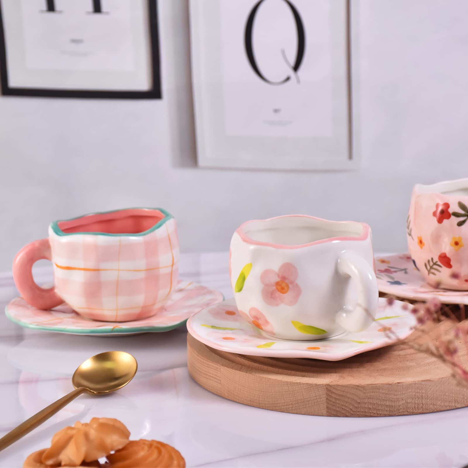Koythin Ceramic Coffee Mug with Saucer - 10oz/300ml Cute Pink Floral Design, Microwave & Dishwasher Safe - Perfect for Latte, Tea, Milk at Home or Office - Ideal Gift for Coffee Lovers & Housewarming