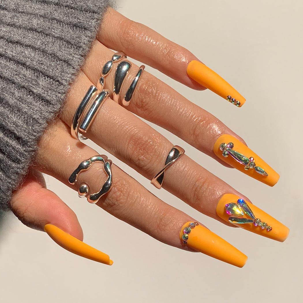 Long Coffin Ballerina Fake Nails - Orange Glitter Crystal Press on Nails with Matte Shimmer Rhinestones - 24Pcs Full Cover Artificial Nails for Women & Girls - Perfect for Parties, Weddings, and Special Occasions