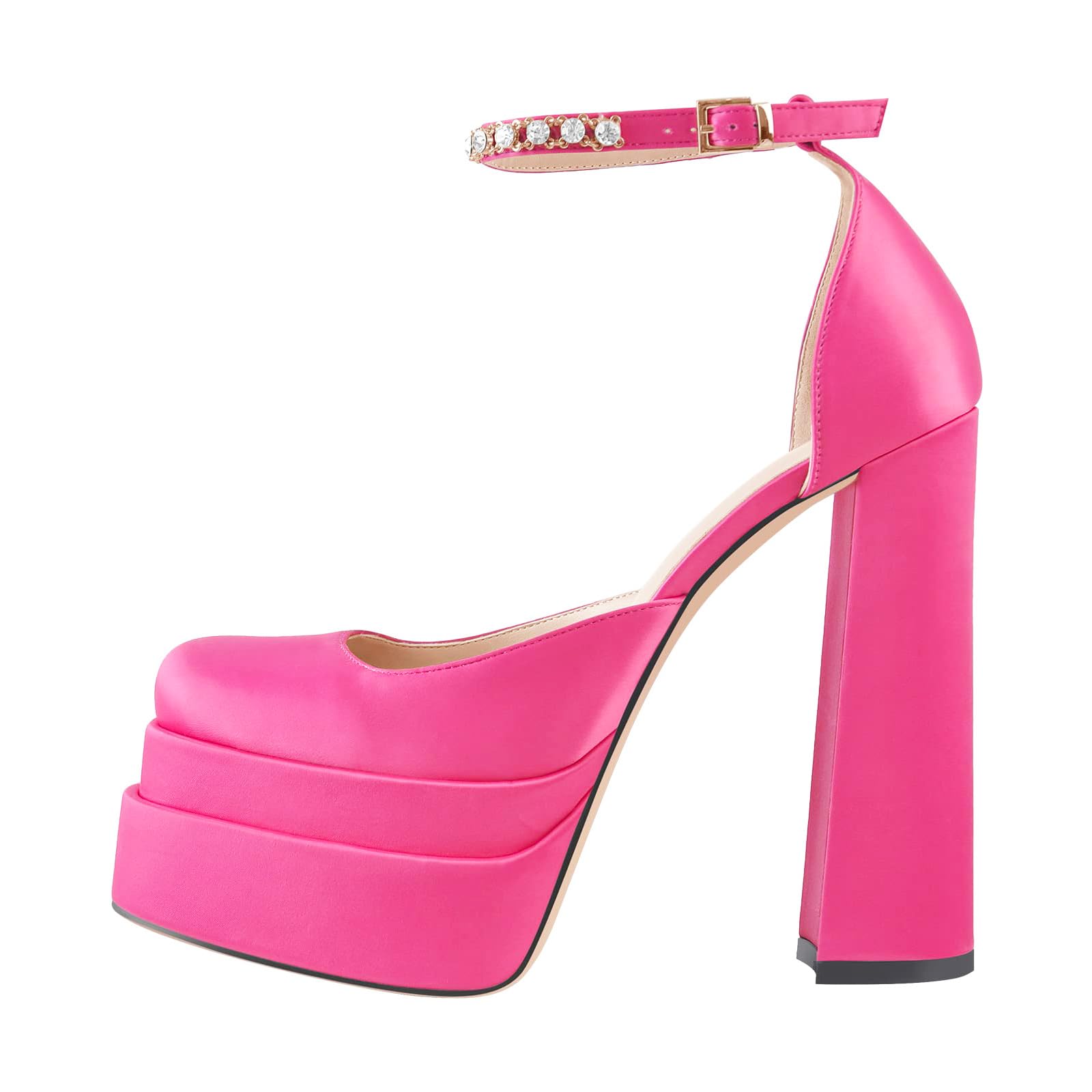 Women's Chunky Heel Platform Pumps - Square Toe Rhinestone Ankle Strap Satin Dress Shoes for Party, Wedding & Evening Events
