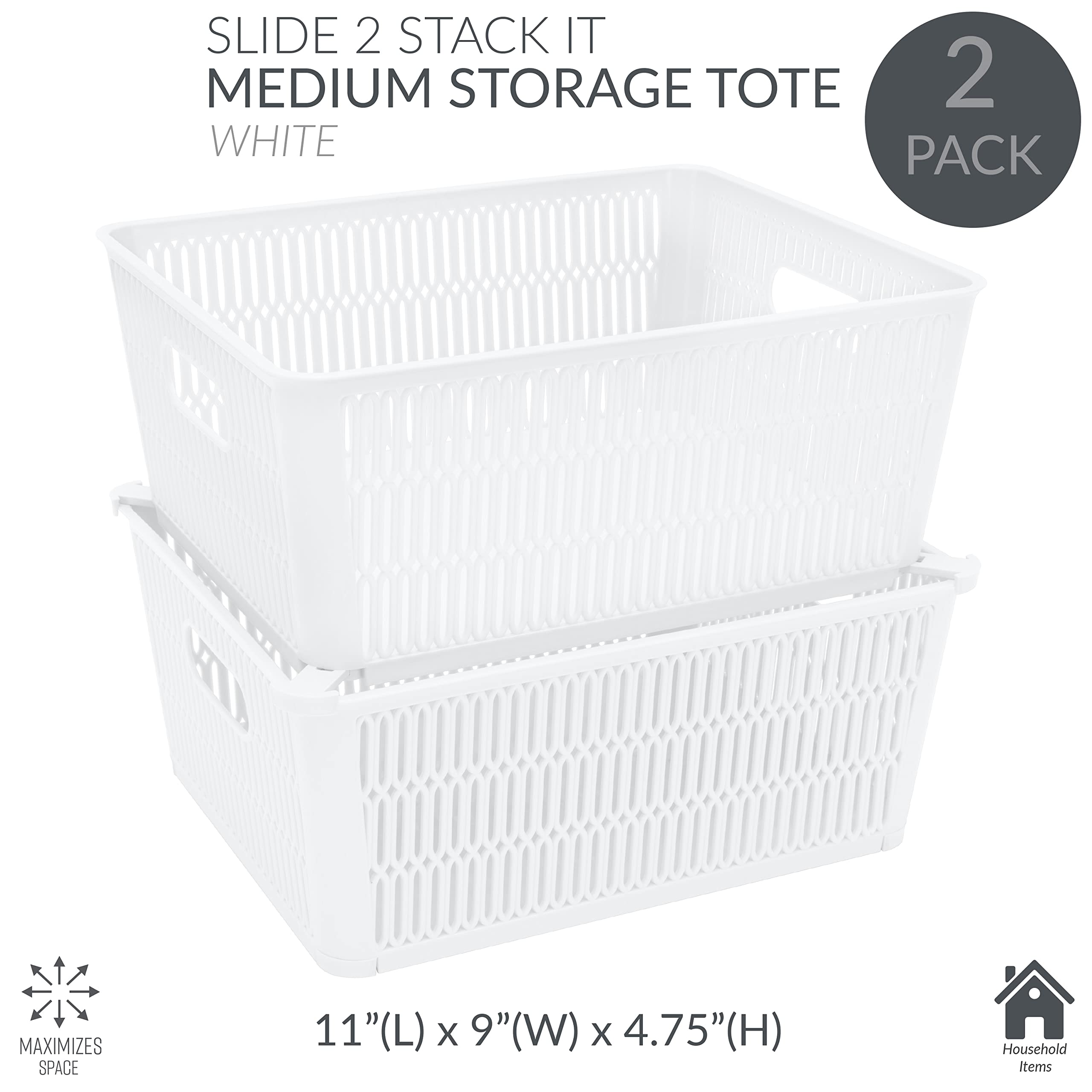 Simplify 4-Pack Large Slide 2 Stack It Tote Baskets - White Storage Bins with Stackable Design for Bathroom, Pantry, Office, Playroom & Craft Organization (KIT-25930-WHITE-4PK) | Perfect for Home Storage, Closet Organizers & Kids Toy Containers