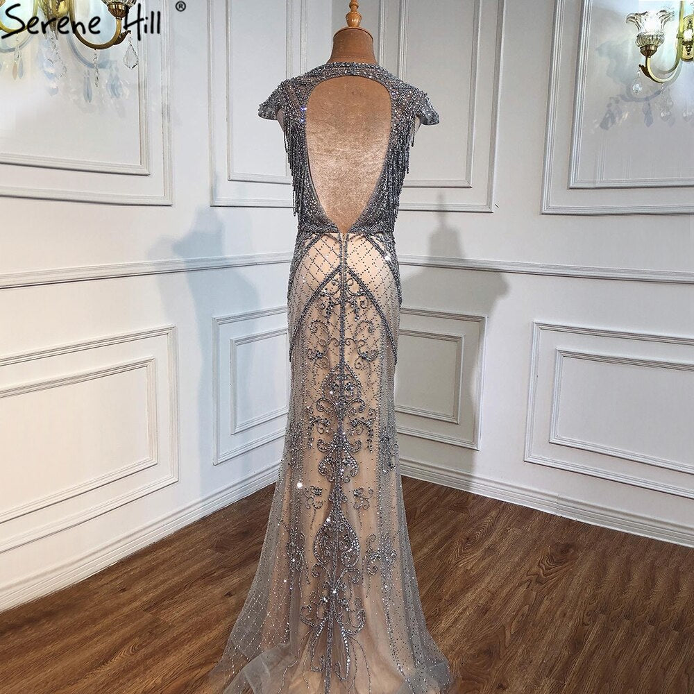 Elegant Grey Nude Mermaid Evening Gown with Beading & Backless Design - Luxury Women's Party Dress for Prom, Gala & Special Occasions - Serene Hill Collection LA70799