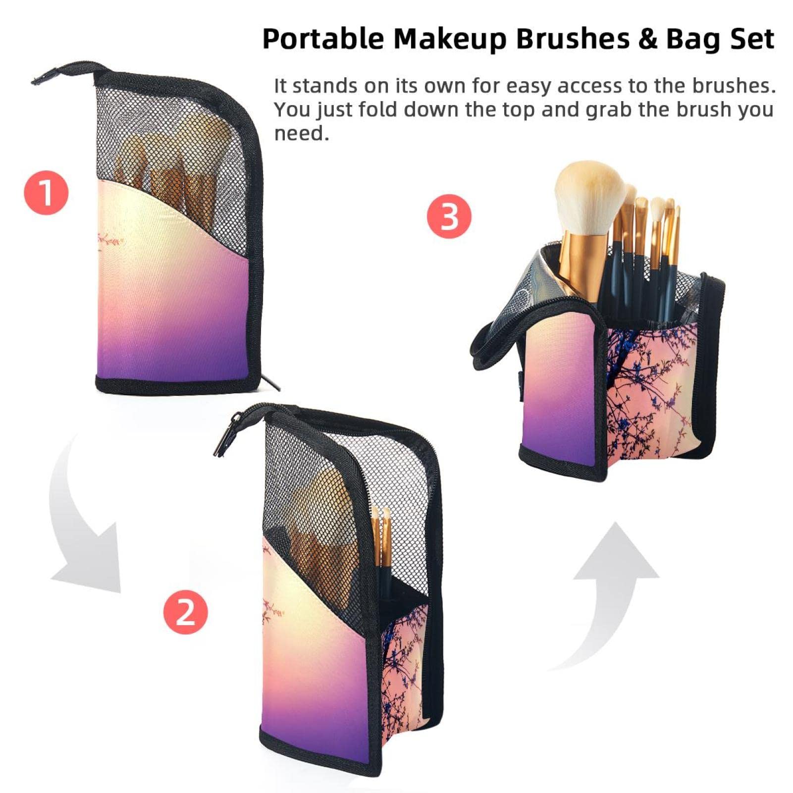 Premium 12-Piece Makeup Brush Organizer Bag with Floral Tree Sunset Design - Portable Travel Cosmetic Brush Holder Case for Professional Artists & Home Use