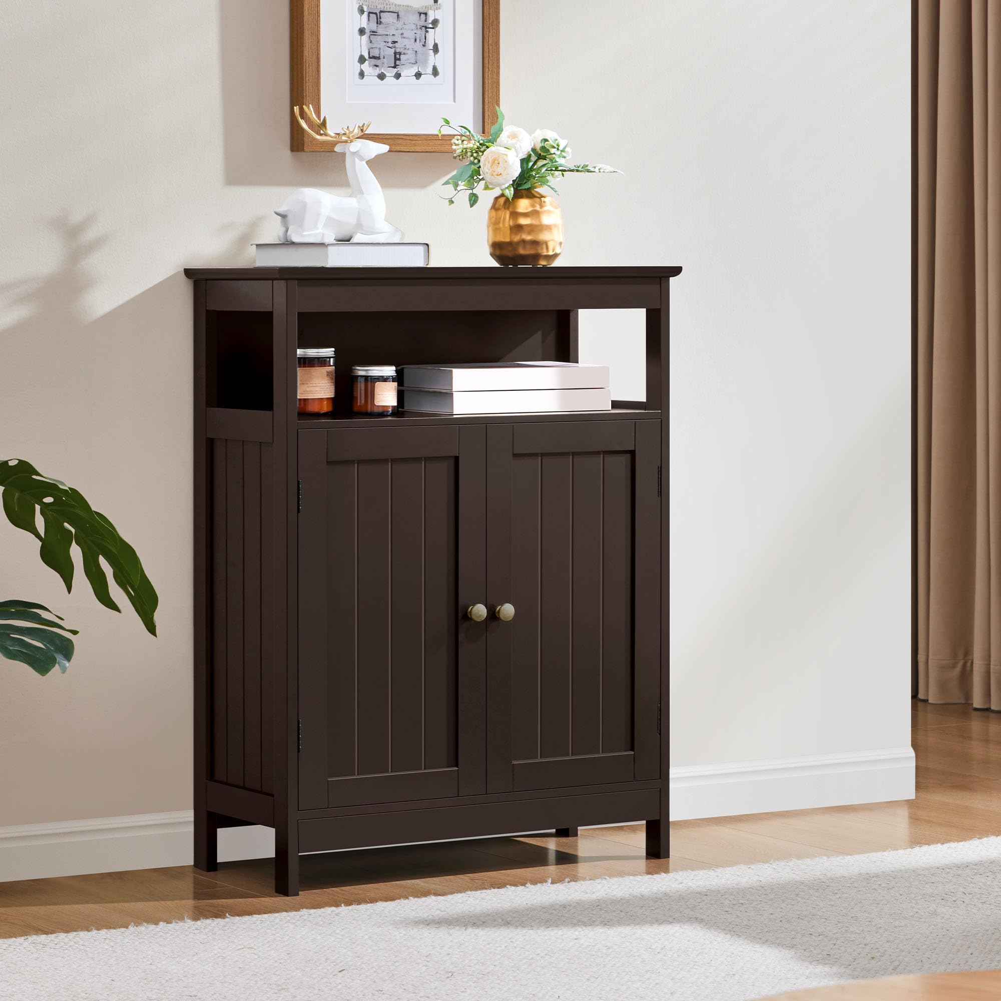 Yaheetech Wooden Bathroom Storage Cabinet - 2 Door Free Standing Organizer with Adjustable Shelf for Bathroom, Living Room, Hallway - Espresso Finish for Home Decor & Organization