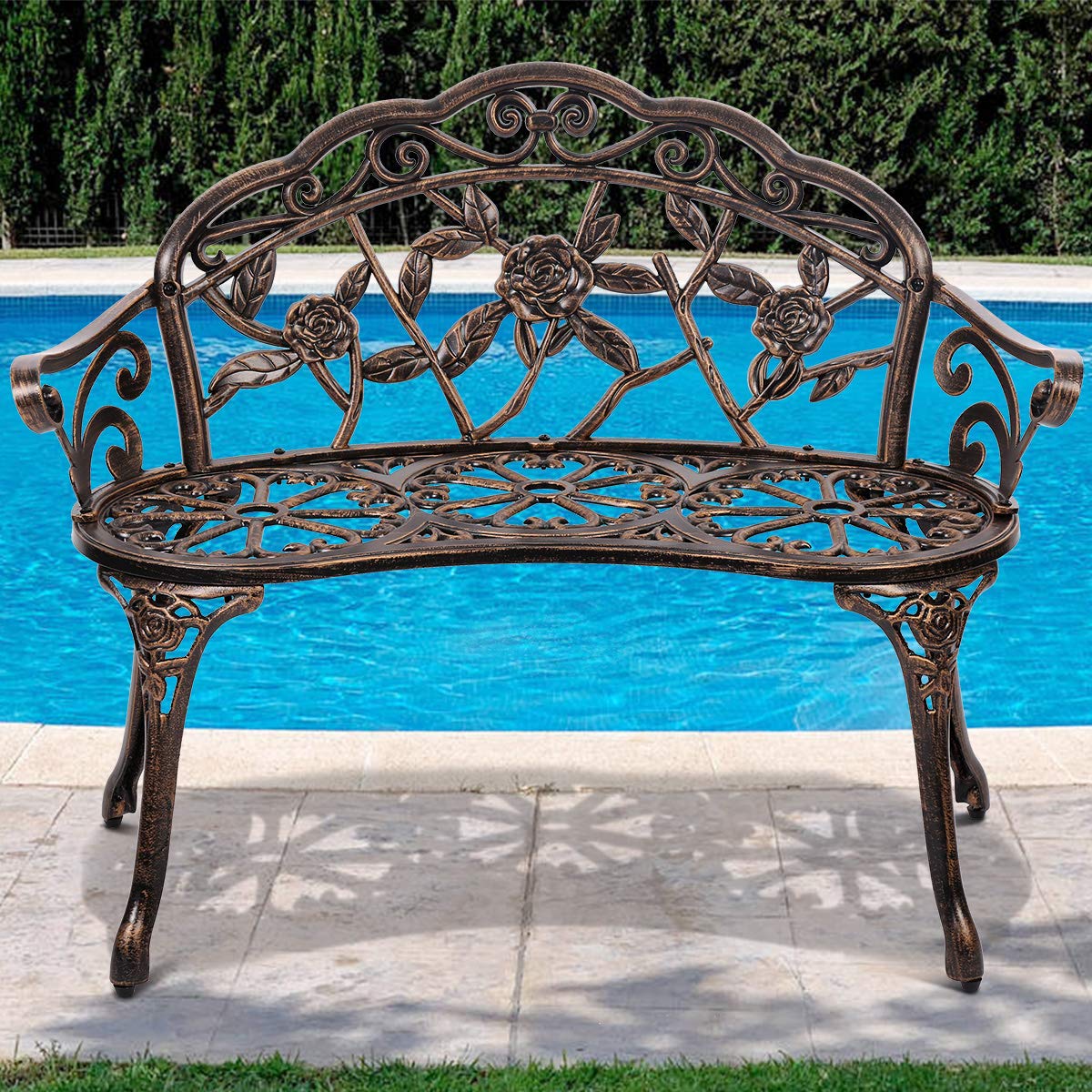 Antique Bronze Cast Aluminum Garden Bench - Durable Outdoor Patio Furniture for Park, Yard, Porch & Lawn - Perfect for Relaxing in Gardens, Pathways & Outdoor Spaces