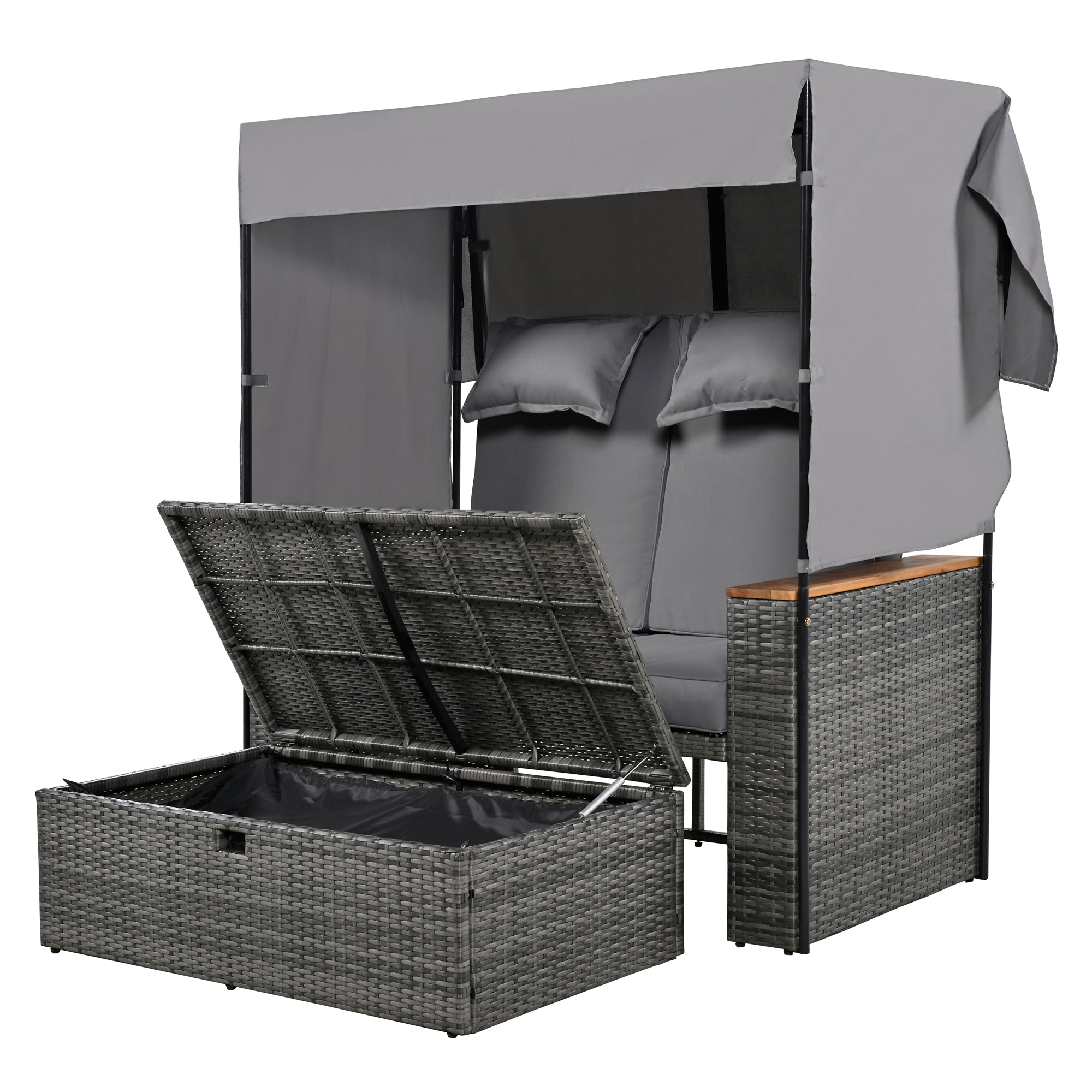 2 Piece Outdoor Rattan Daybed with Bench Lounge Roof Set & Cushions - Waterproof Wicker Patio Furniture for Poolside, Backyard, Garden - Perfect for Sunbathing, Relaxing & Outdoor Entertaining