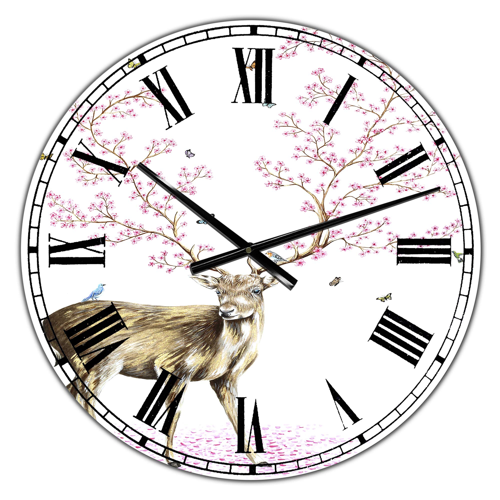 Designart Cherry Blossom Deer Metal Wall Clock - Round Cottage Decor for Living Room, Bedroom & Office | Japanese-Inspired Floral Wall Art with Deer Motif | Perfect for Home Decor, Housewarming Gifts & Spring-Themed Interiors