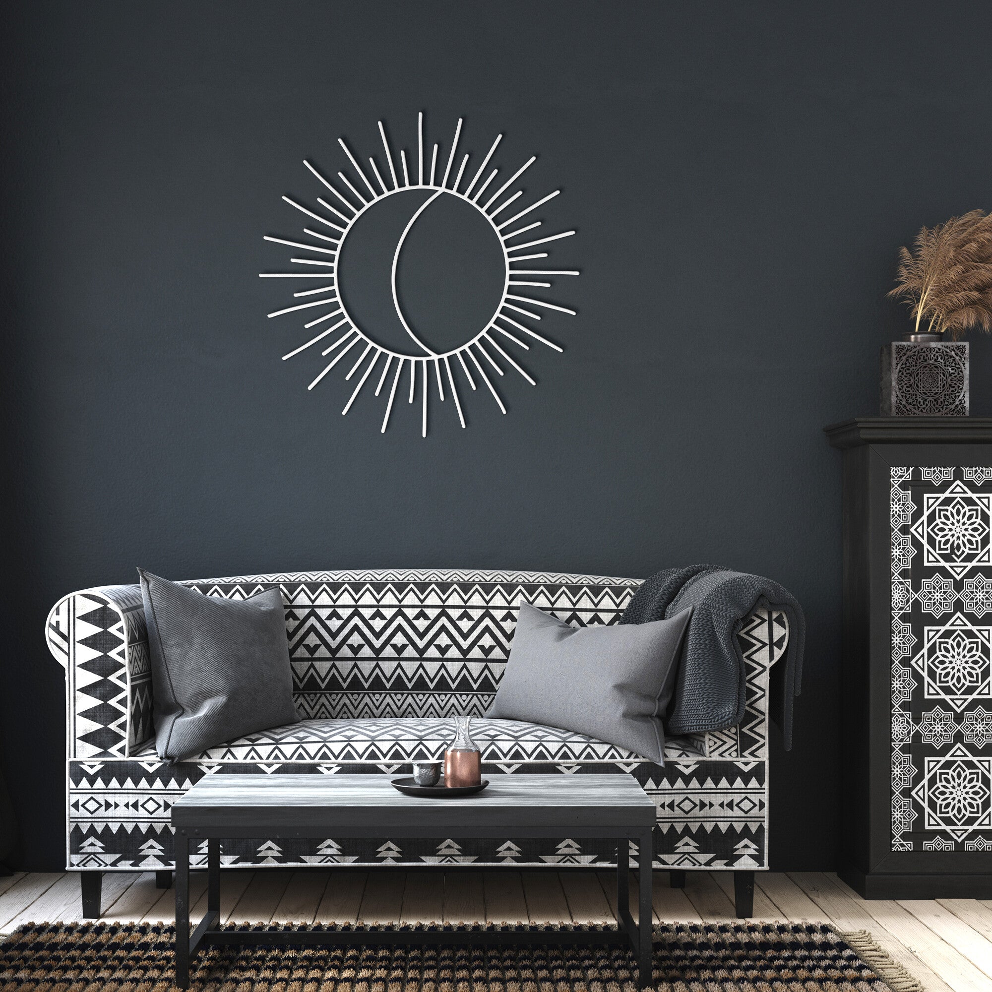 Sunburst Half Moon Steel Metal Wall Art Decor - Handmade Modern Geometric Wall Sculpture for Living Room, Bedroom & Office
