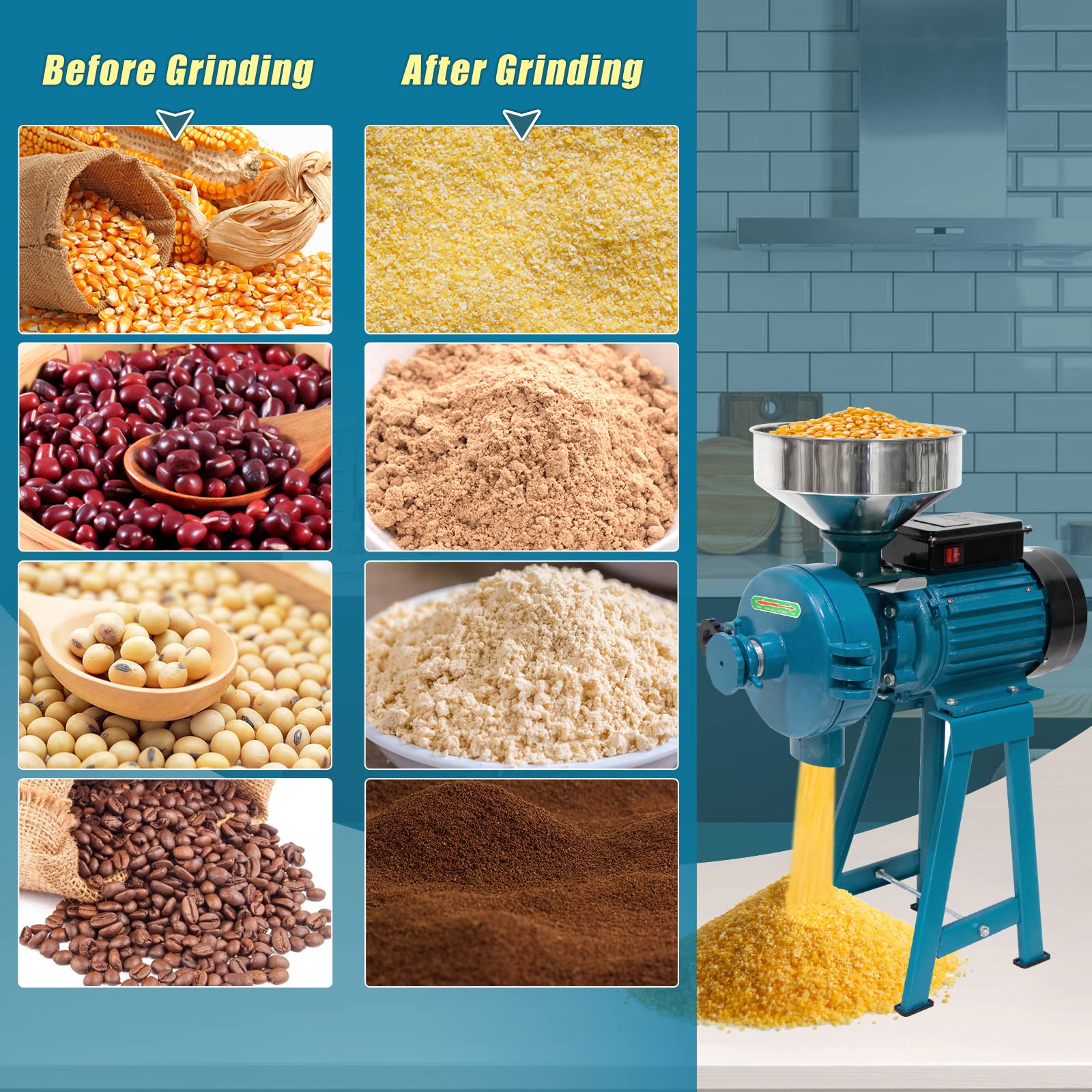 3000W Commercial Electric Grain Grinder - Heavy Duty Wet & Dry Mill for Rice, Corn, Coffee, Wheat - 110V High-Power Cereals Grinder with Funnel - Perfect for Bakeries, Coffee Shops & Home Kitchens