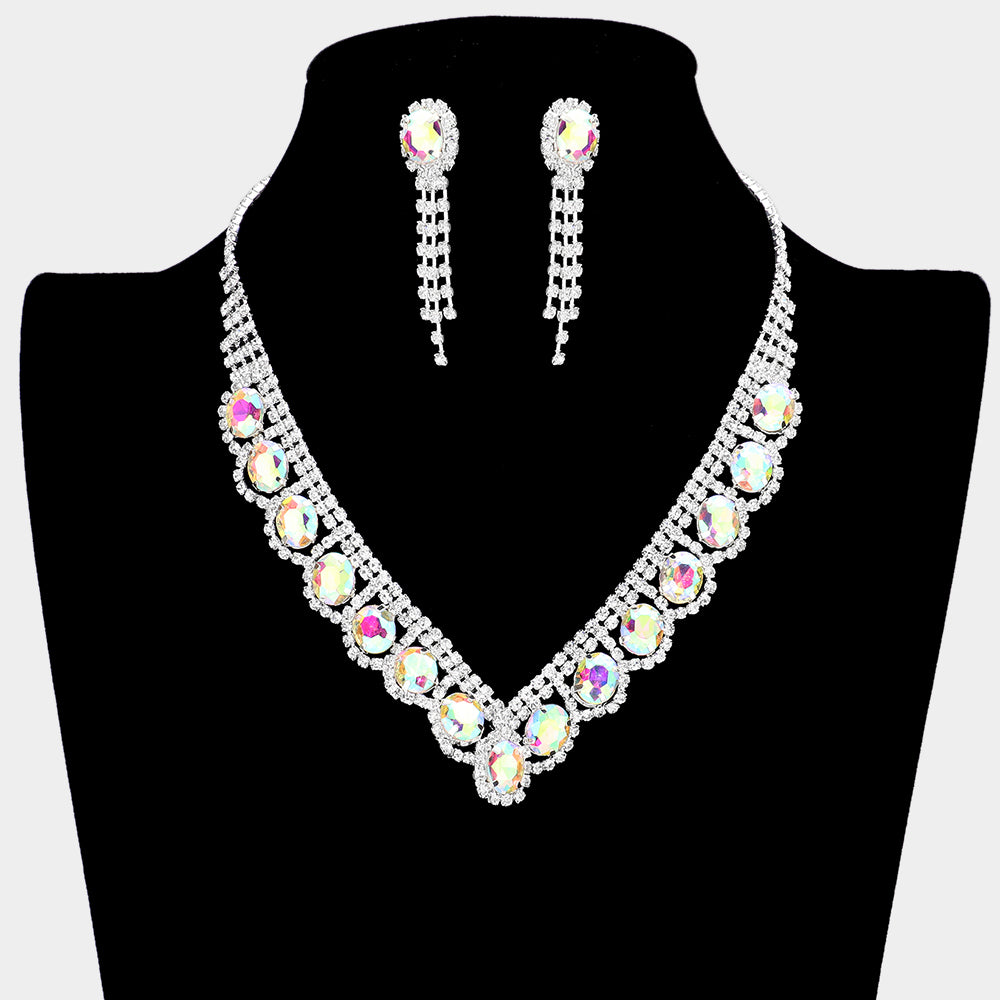 Elegant AB Oval Stone Accented V-Shaped Rhinestone Necklace & Earrings Set | Prom Jewelry for Women | Perfect for Dances, Weddings & Special Occasions | 581726
