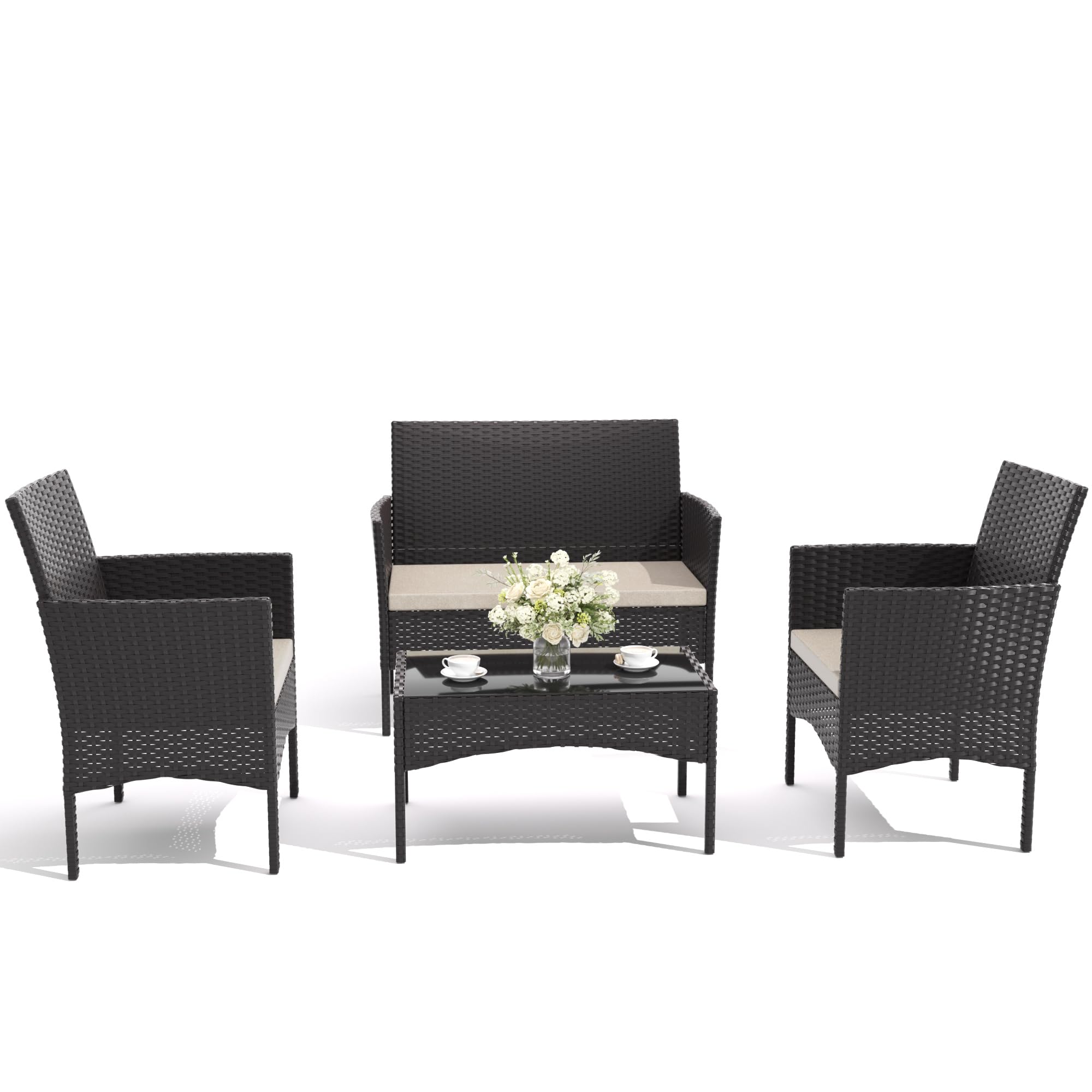 4-Piece Outdoor Patio Furniture Set - Weather-Resistant Rattan Conversation Set with Coffee Table for Backyard, Porch, Poolside - Perfect for Relaxing & Entertaining Guests