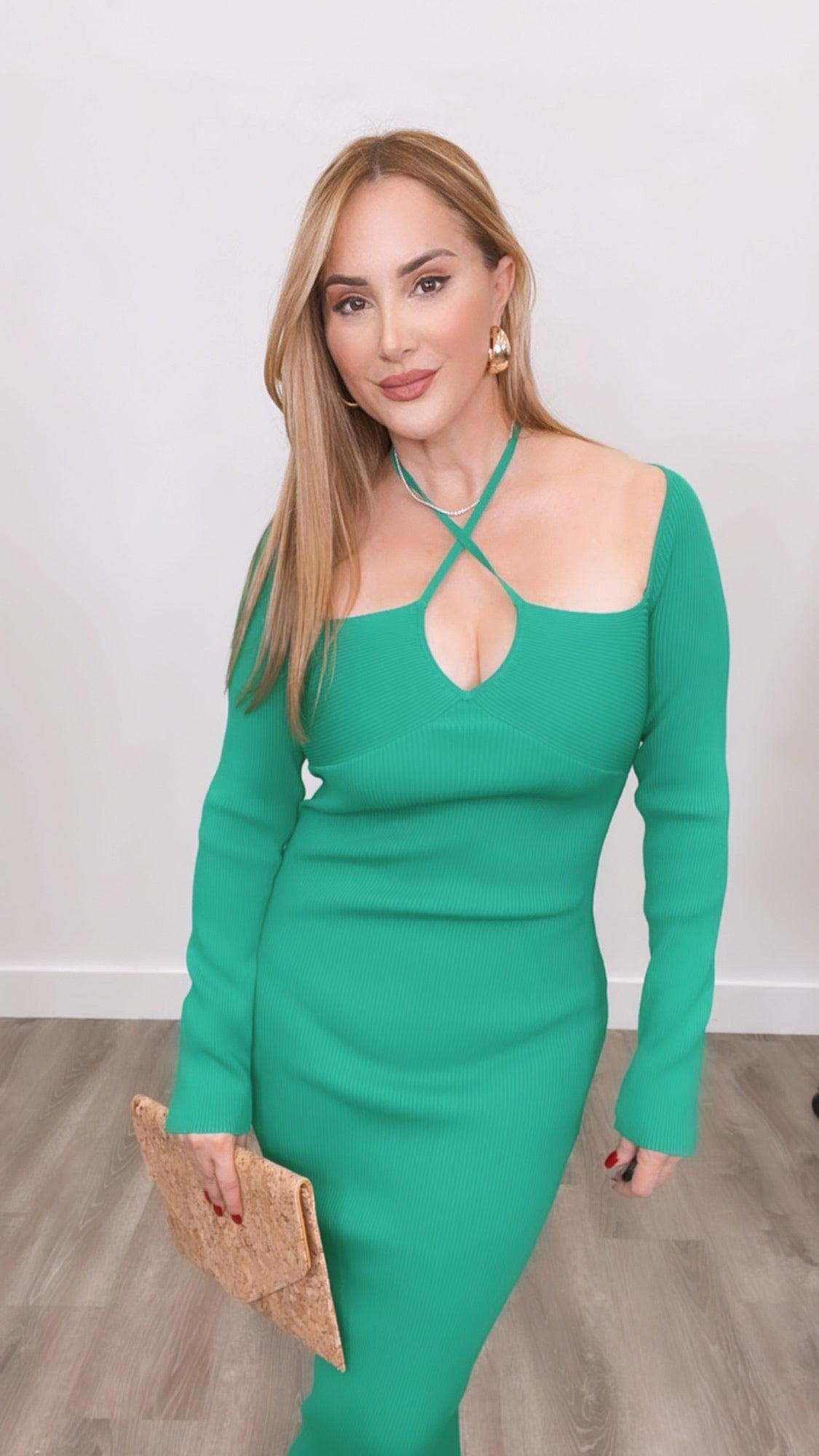 Sobe Green Dress for Women - Elegant Flowy Midi Dress with V-Neck & Short Sleeves - Perfect for Summer, Beach, Party & Casual Wear