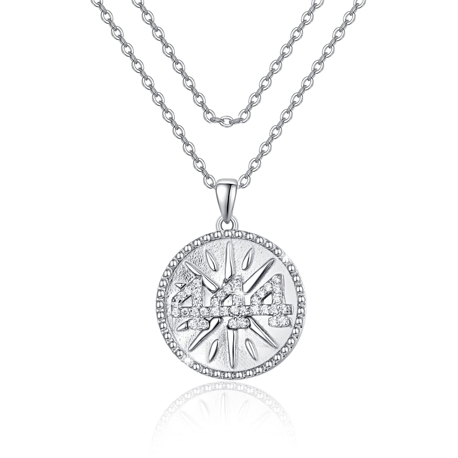 TUGHRA 444 Coin Pendant Necklace - 925 Sterling Silver Angel Number Jewelry for Women, Layered Necklace for Valentine's Day, Birthday Gifts for Wife | Spiritual Protection & Everyday Elegance