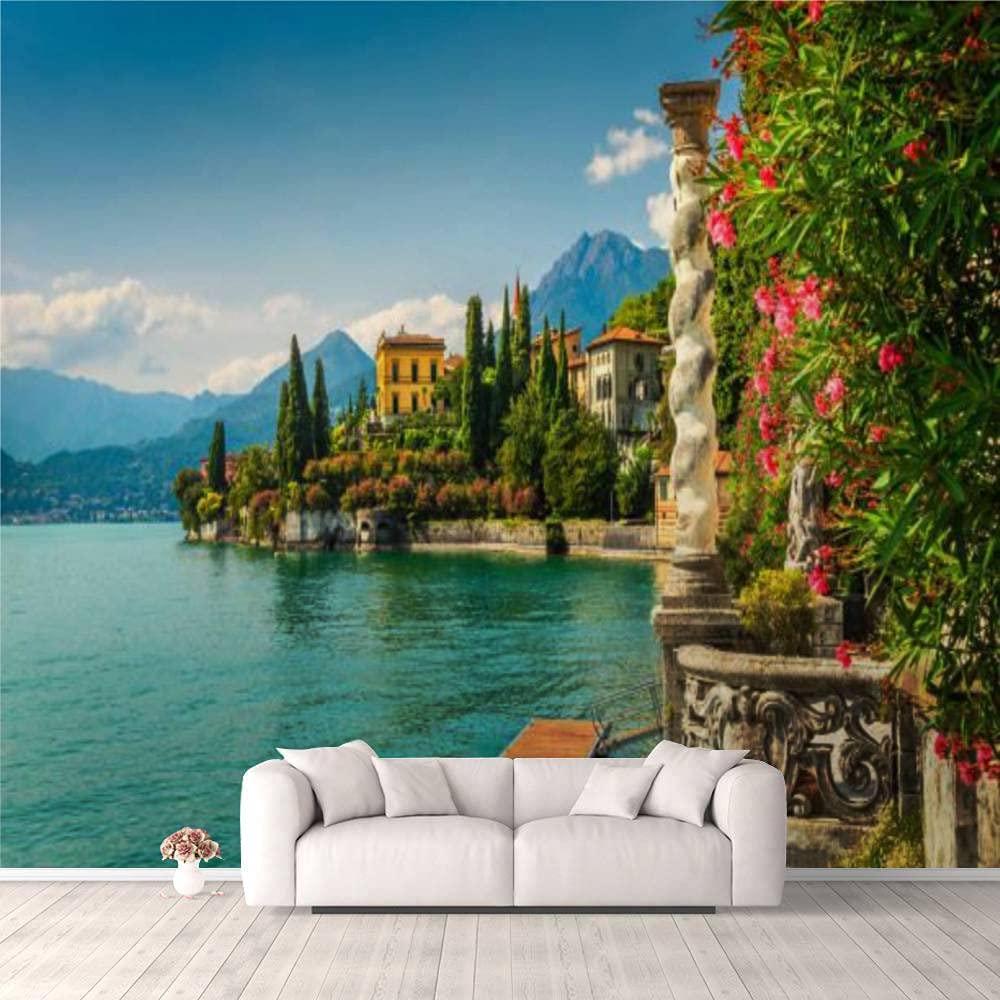 3D Self-Adhesive Wallpaper - Oleander Flowers & Villa Monastero Lake Como Scenic Design | Peel & Stick Wall Mural for Bedroom, Living Room, Dorm Decor | Perfect for Walls, Ceilings & Wardrobes | Create a Serene Italian Lakeside Ambiance