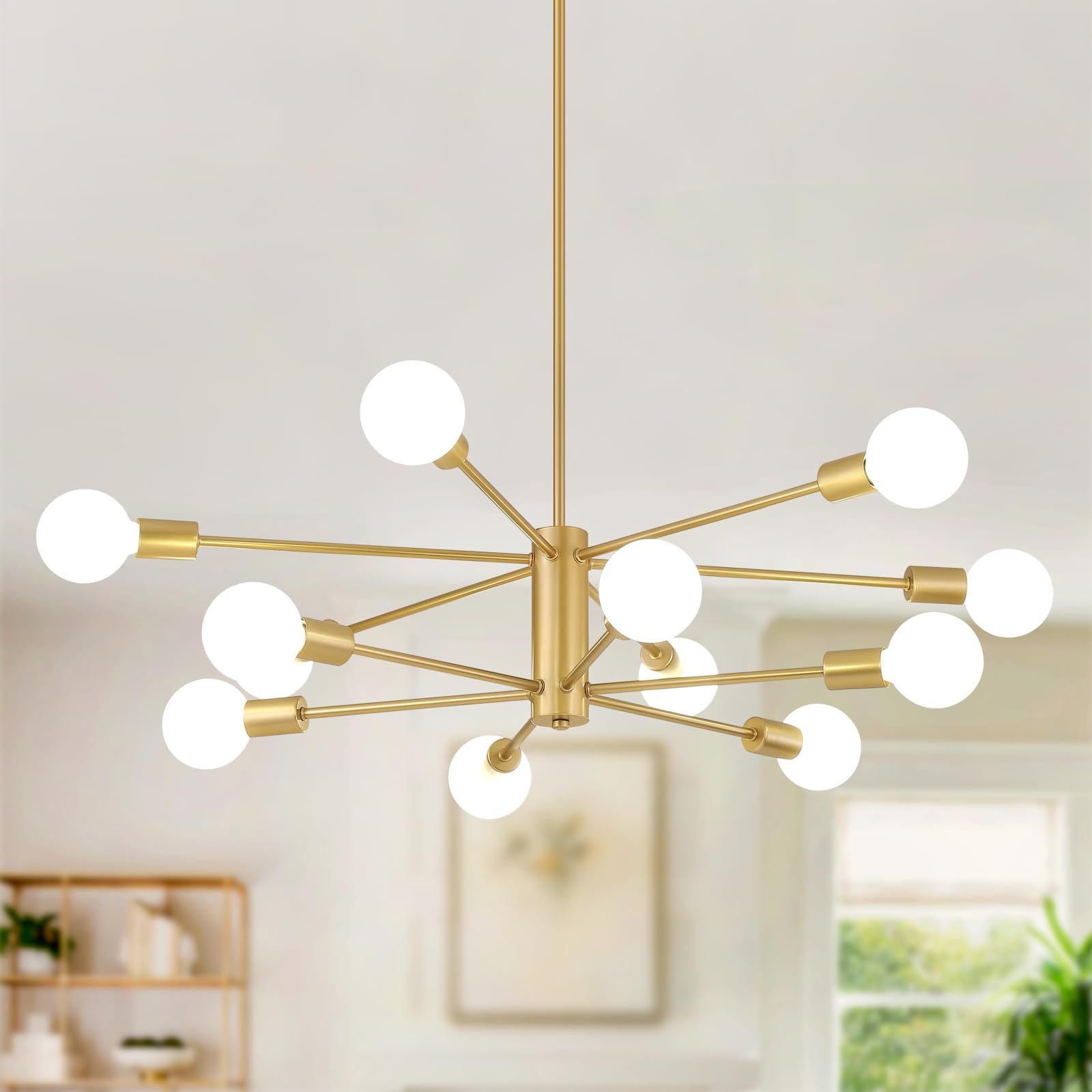 AMZASA 12-Light Modern Gold Sputnik Chandelier - Farmhouse Mid Century Pendant Lighting Fixture for Dining Room, Living Room, Kitchen Island, Entryway, Hallway & Foyer - UL Listed - Perfect for Vintage Home Decor and Luxury Interior Design
