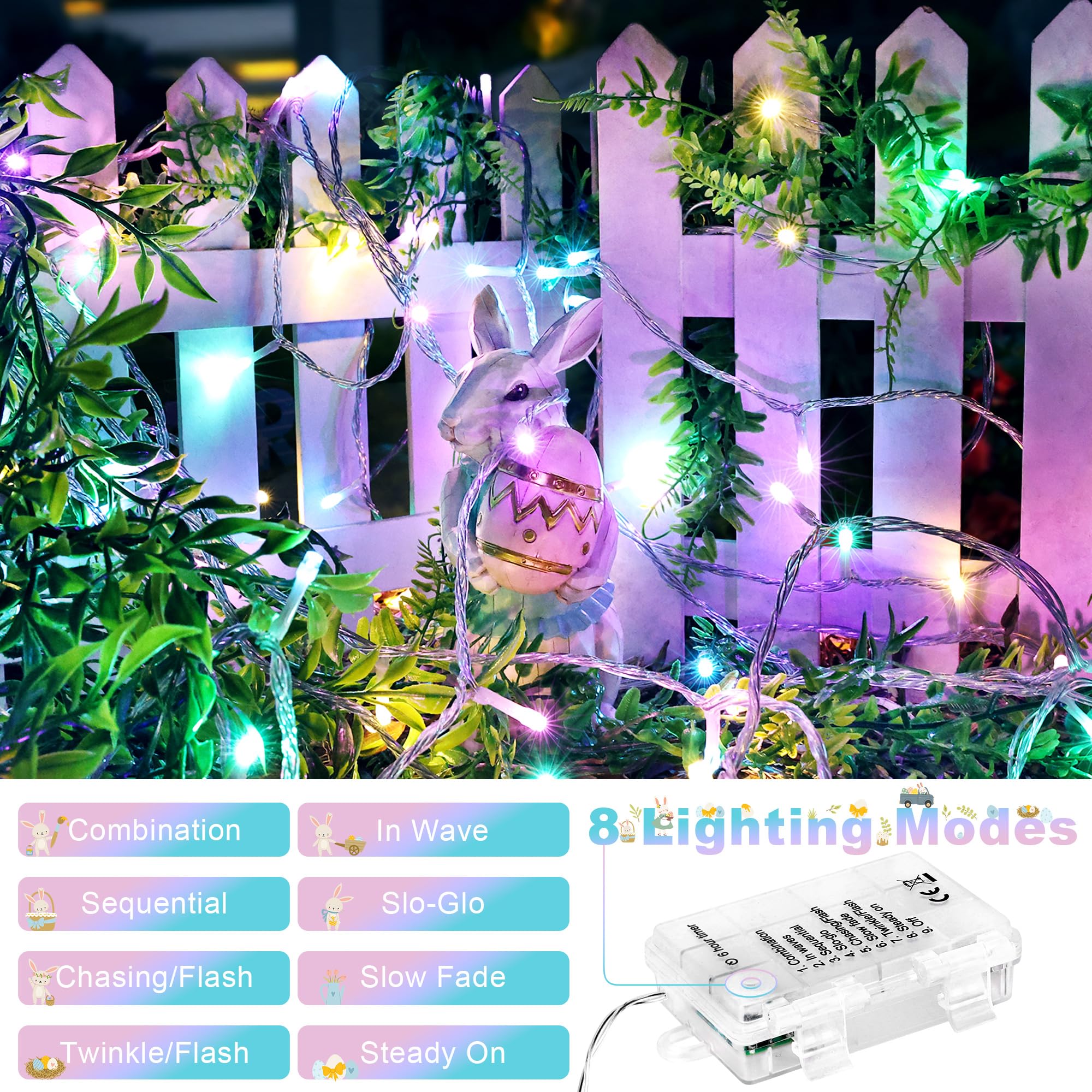 Lomotech 100 LED Easter Lights Battery Operated - 33ft Waterproof String Lights with Timer (2 Pack) for Home Decor, Garden Party, Holiday Tree Decoration | Indoor & Outdoor Christmas, Wedding, Patio Lighting