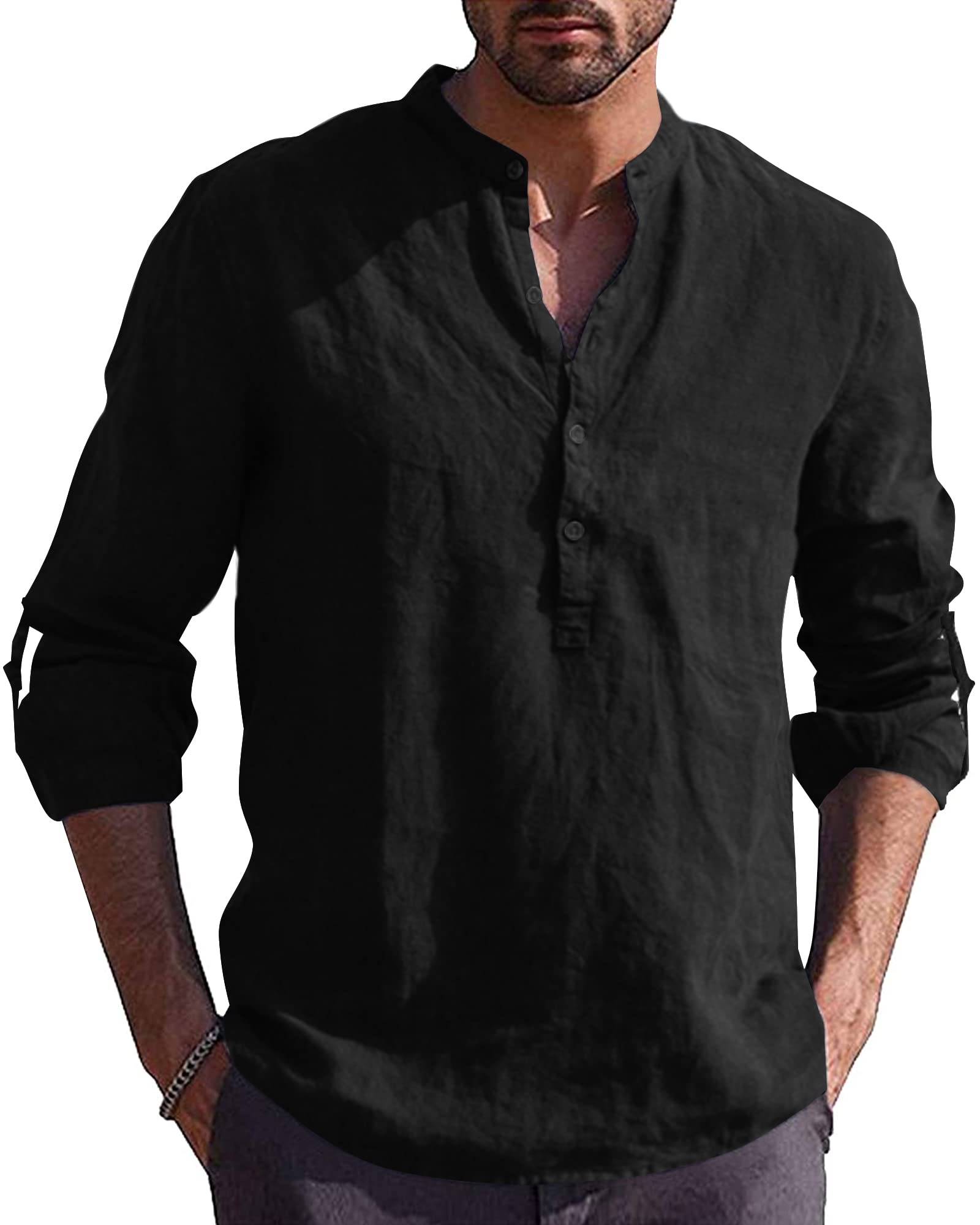 Men's Long Sleeve Casual Cotton Shirt - Solid Color Henley Top for Beach, Yoga & Everyday Wear | Breathable Comfort Fit for Men