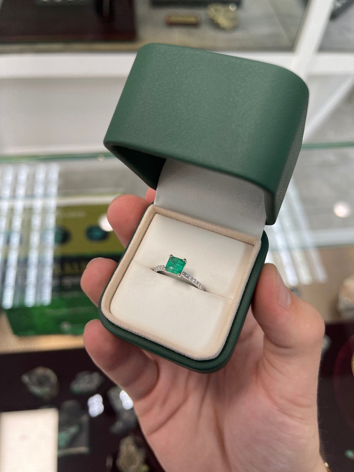 1.55tcw Natural Emerald Asscher Cut & Diamond Solitaire Accent Ring in 14K Gold - Elegant Engagement, Wedding, or Anniversary Jewelry Gift