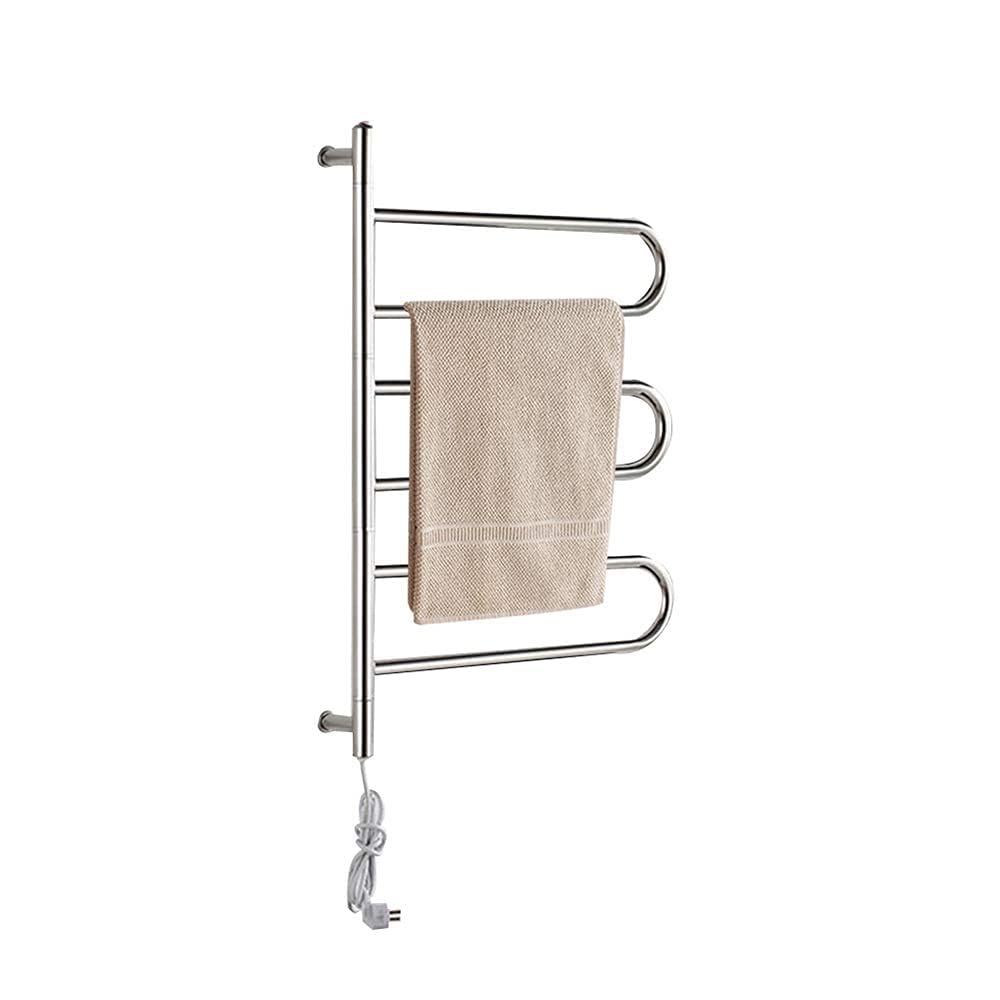 KUYT Rotatable Wall Mounted Electric Heated Towel Warmer Rack - 3 Round Bars, Stainless Steel Towel Rail (80W, 57x85cm, Silver, Hardwired) for Bathroom, Spa & Luxury Home Use