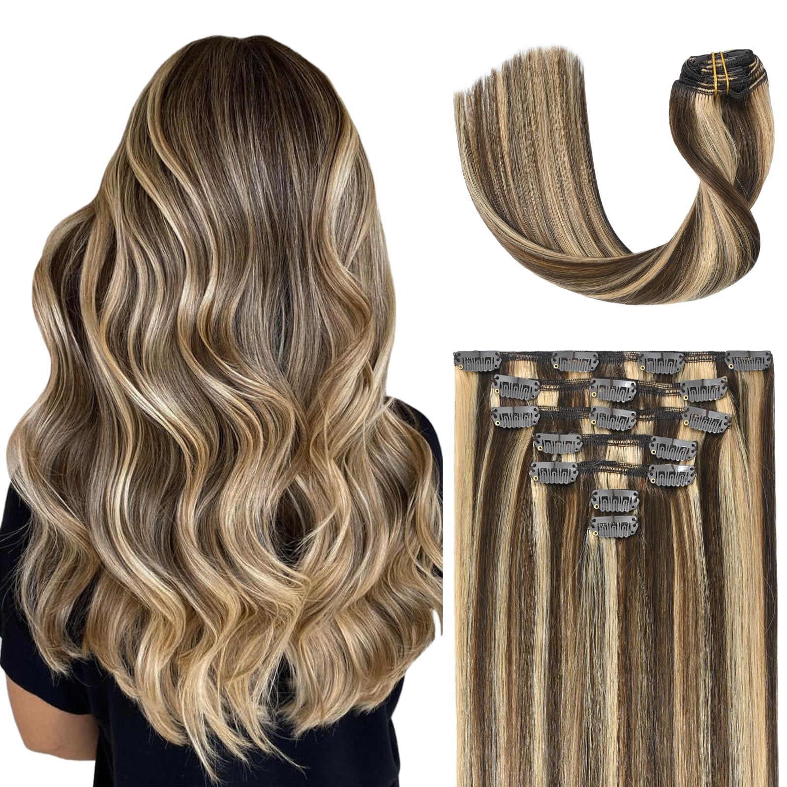 15 Inch 70g Real Human Hair Extensions - Clip in Double Weft 7pcs for Women, Chocolate Brown to Caramel Blonde Highlights (#4p27) | Perfect for Parties, Weddings & Everyday Styling