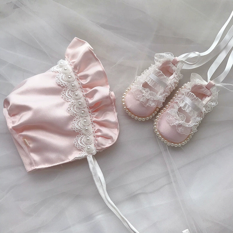 Baby Princess Hat & Toddler Lace Pearl Soft-Soled Shoes Set for Newborn Photoshoot, Christening, and Special Occasions