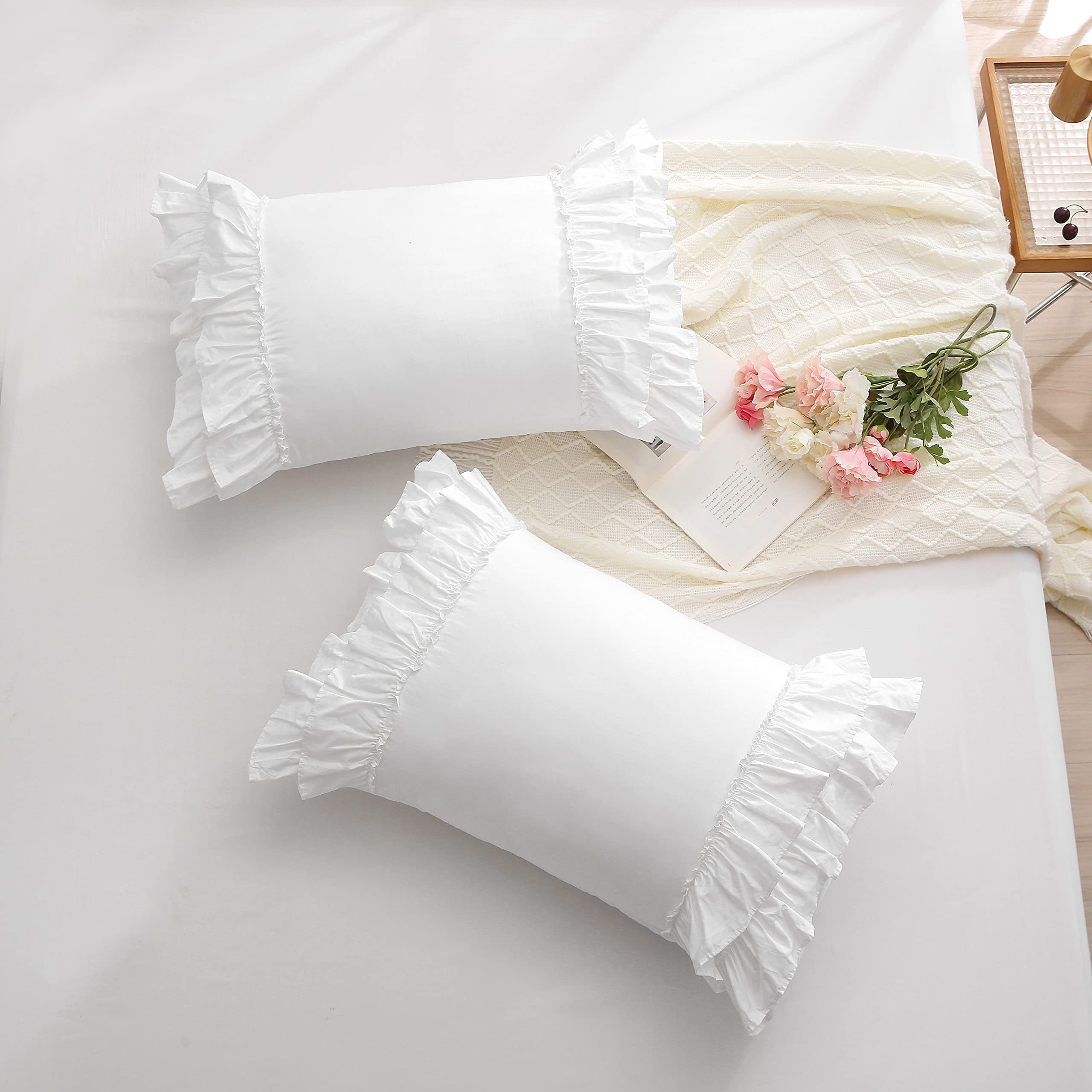 White Ruffles Pillow Shams Queen Size - 2 Pack 30x20 Inch Pure Cotton Ruffled Pillowcases & Covers for Bedroom Decor, Sofa Throw Pillows - Soft Luxury Bedding Accent for Master Bedroom, Guest Room or Living Room