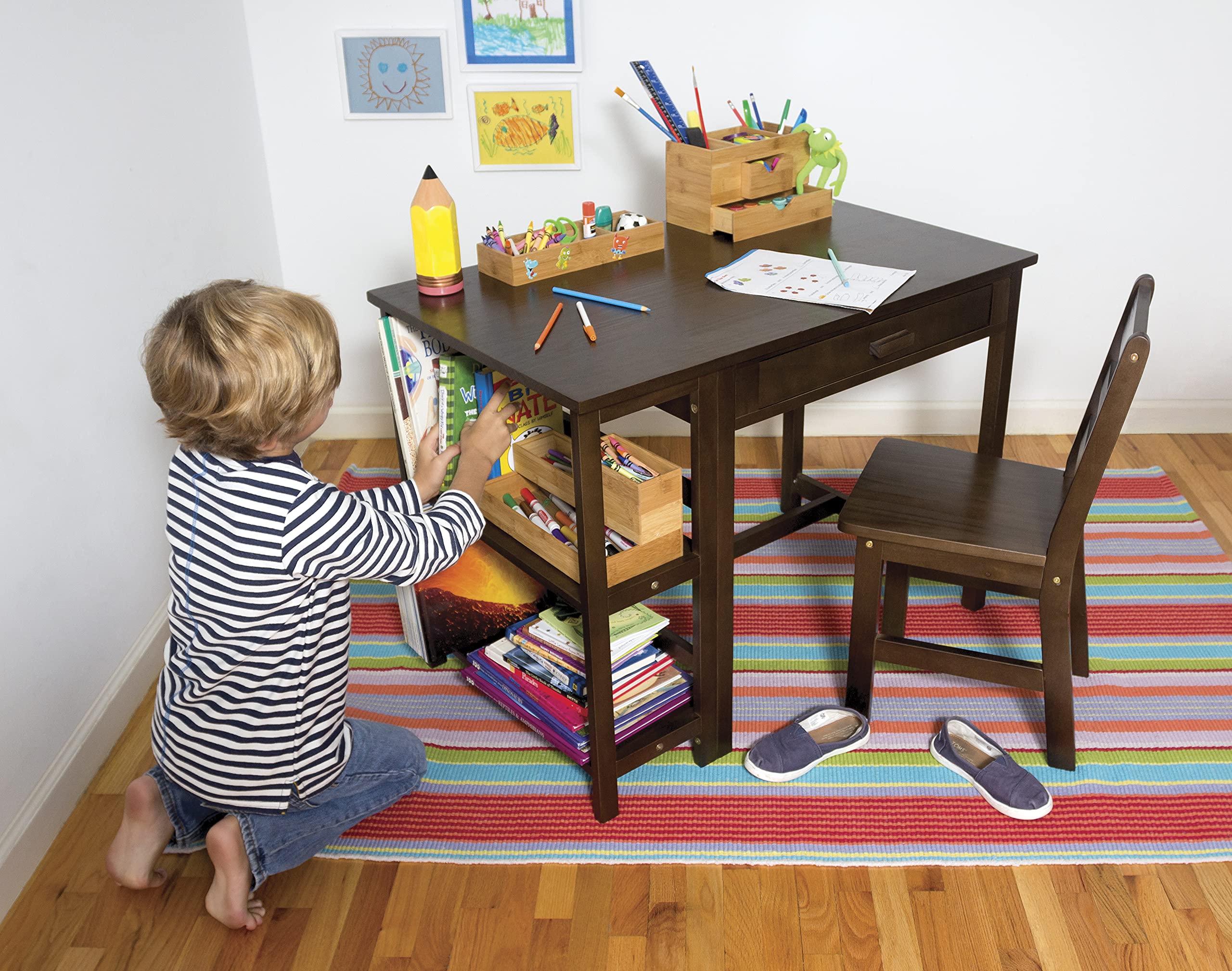 Lipper International 584WN Kids Wooden Study Desk and Chair Set with Walnut Finish - Perfect for Homeschooling, Remote Learning & Children's Bedroom Study Area