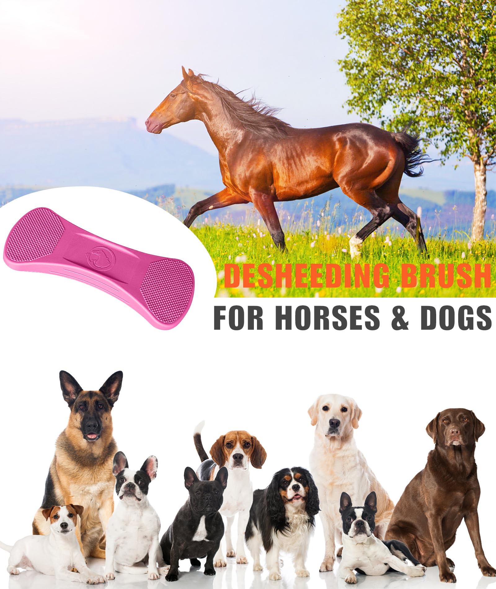 Horse Grooming Brush - Gentle Shedding Tool for Horses, Blade-Free Pet Grooming Supplies, Soft Bristles for Coat Care (Pink) - Perfect for Daily Horse Brushing, Show Prep & Stable Grooming Kits