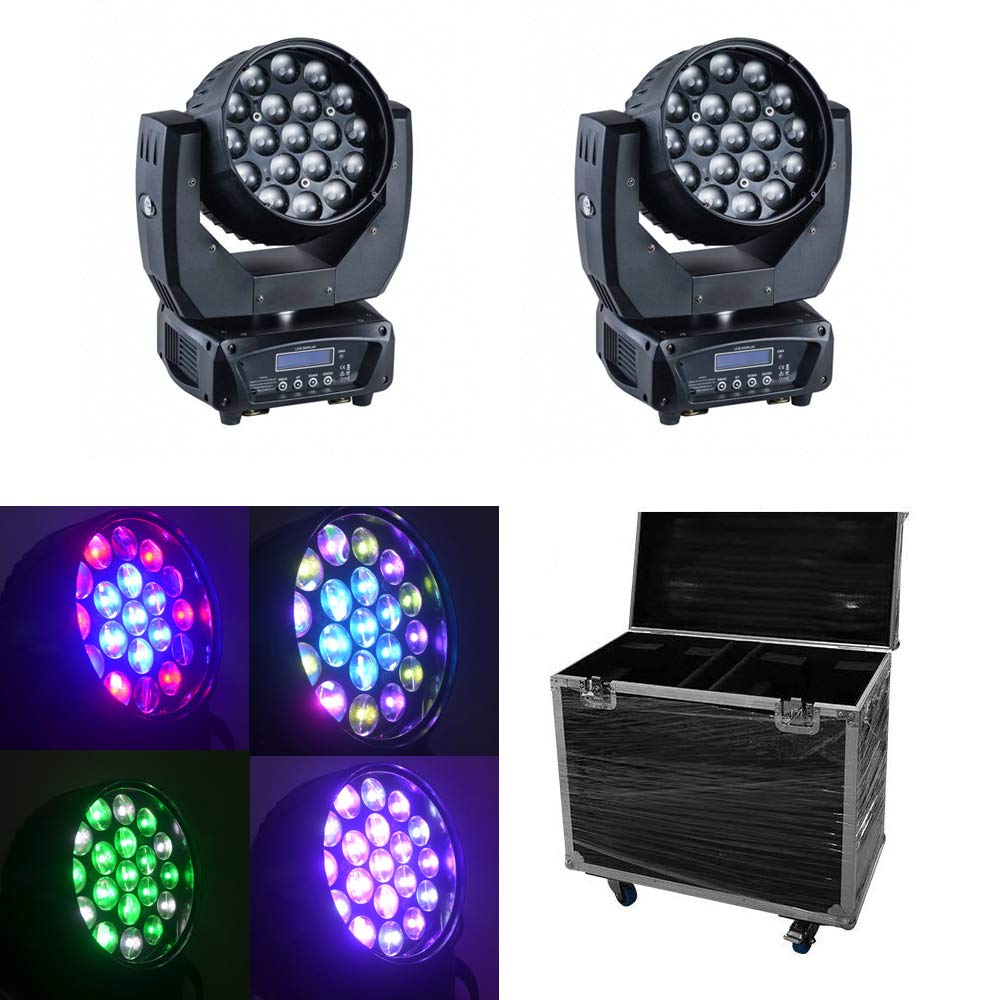 19x15W RGB LED Wash Lights with Zoom & Moving Head - 2 Pack Stage Lighting Kit with Flight Case for Concerts, DJ Shows & Theater Performances