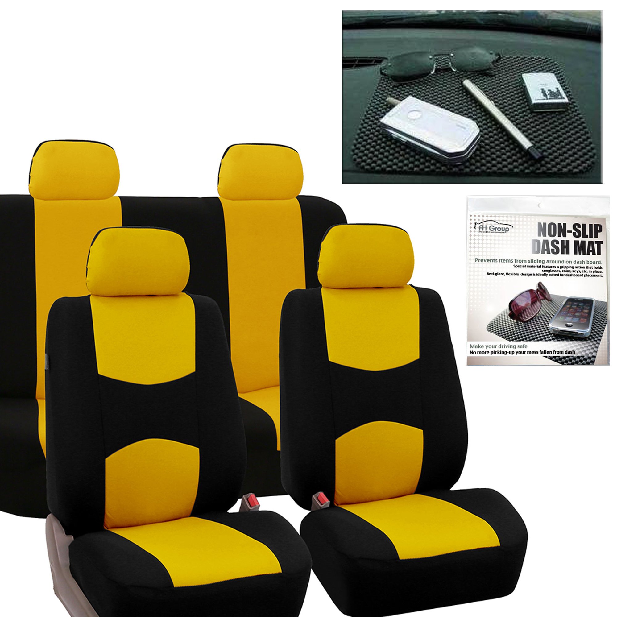 FH Group Full Set Flat Cloth Car Seat Covers - Yellow Universal Fit for Cars, Trucks & SUVs | Non-Slip Bench Seat Protector & Dash Grip Pad Combo | Perfect for Road Trips, Daily Commute & Interior Protection