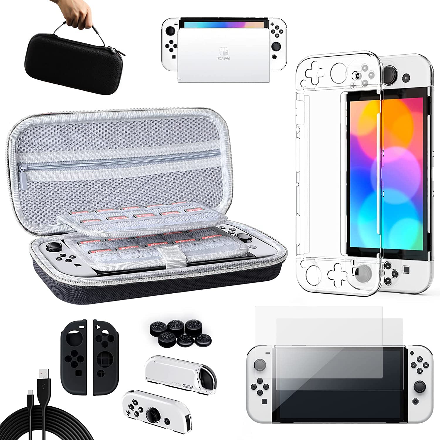 Premium Nintendo Switch OLED Model 2021 Accessories Kit - 14-in-1 Bundle with Protective Case, Clear Cover, Screen Protector, Joy-Con Silicone Skins, Thumb Grips & USB Cable | Perfect for Gaming On-The-Go, Travel Protection & Enhanced Console Care