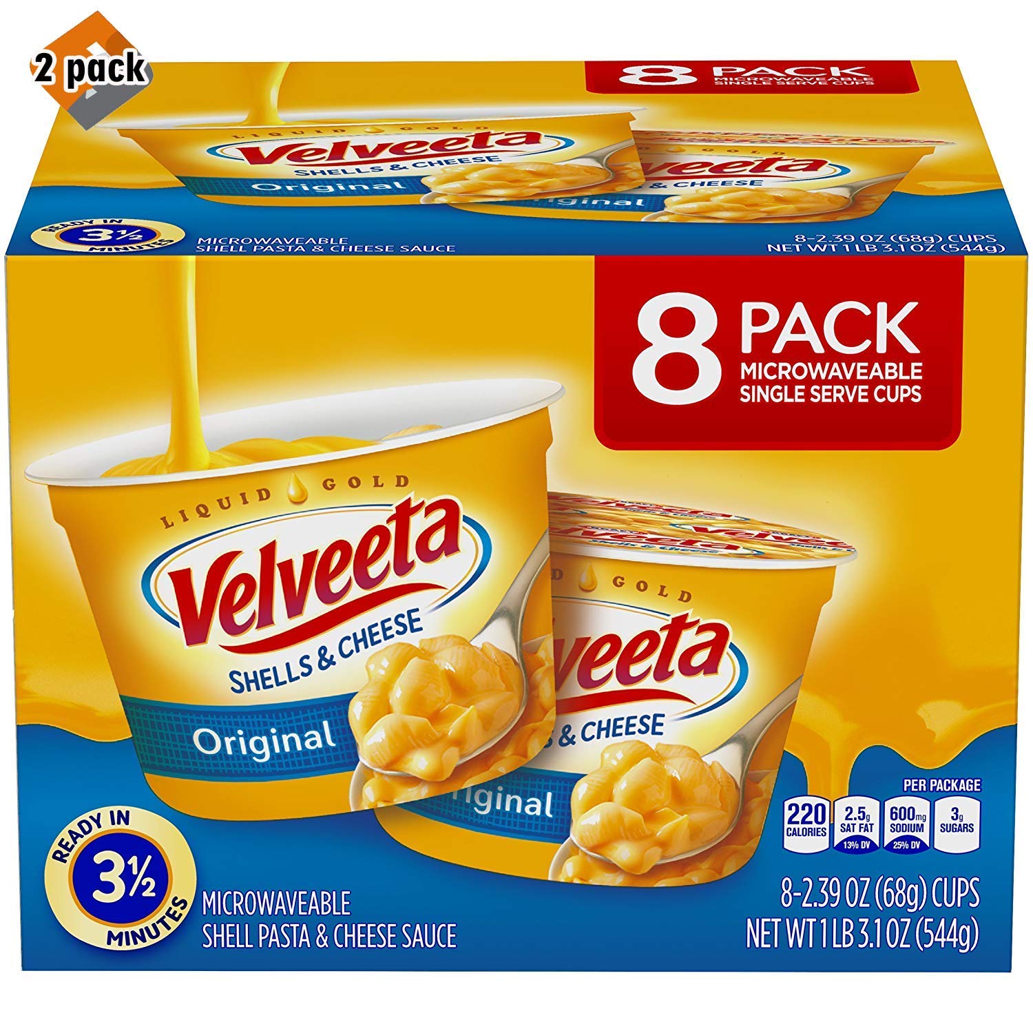 Velveeta Shells & Cheese Pasta - Original Flavor Microwave Cups (8 Count, 2 Pack) | Quick & Easy Single-Serve Meal for Office Lunch, College Dorm Snacks & Busy Weeknights
