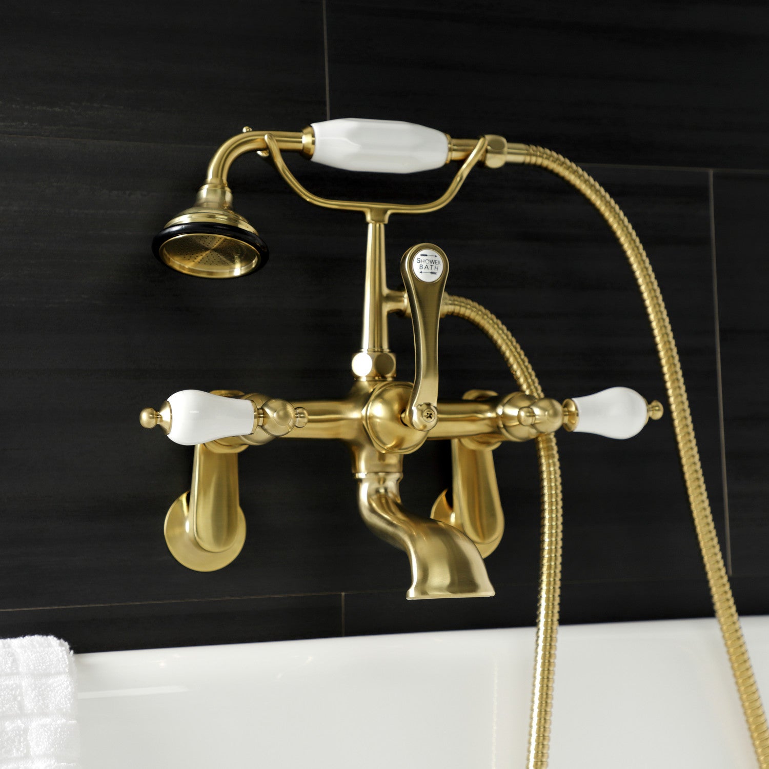 Vintage Style AE55T7 Three Handle 2 Hole Wall Mount Clawfoot Bathtub Faucet with Hand Shower in Brushed Brass - Perfect for Classic Bathroom Renovations and Luxury Spa Retreats