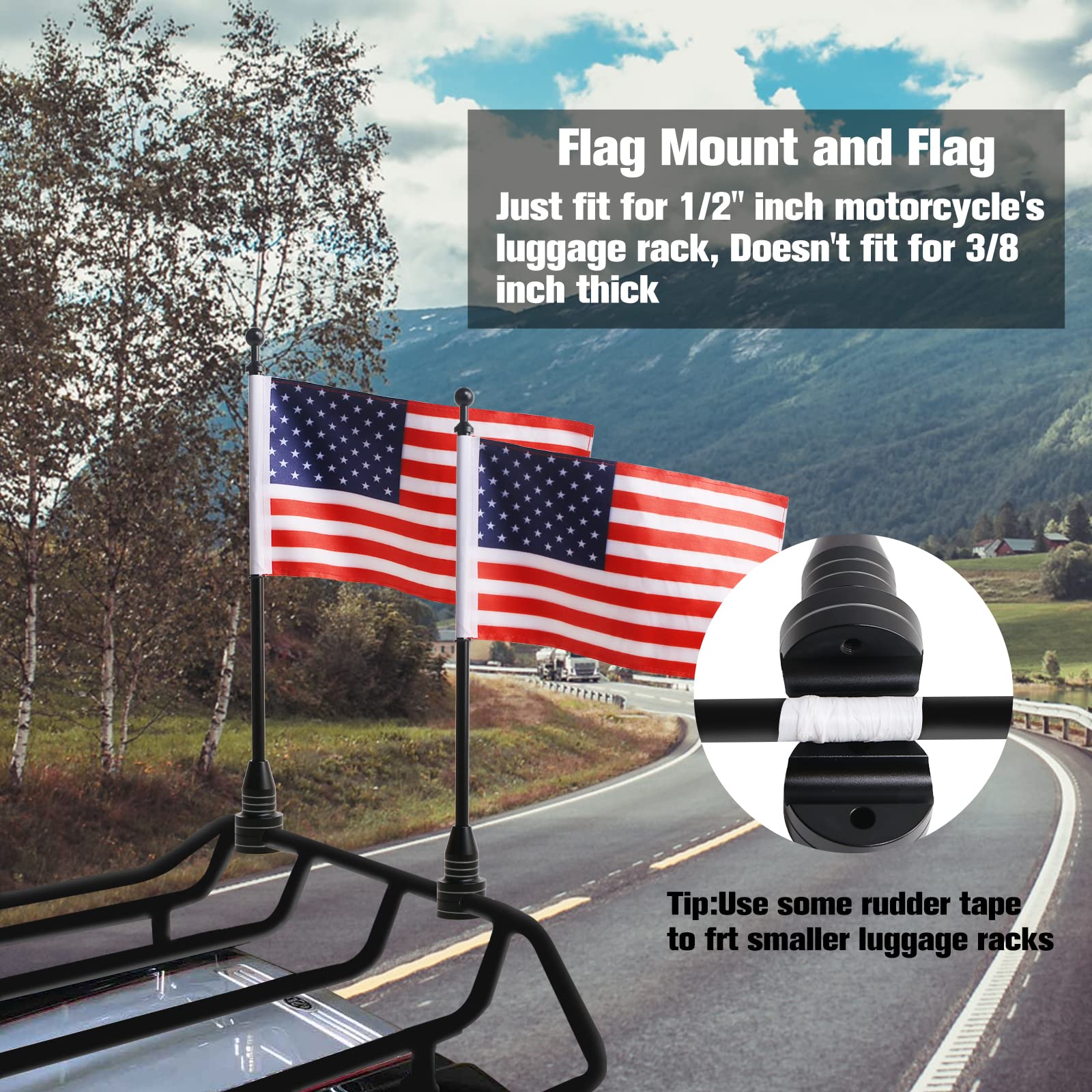 2 Pcs Motorcycle American Flag Kit - Red Line US Flags with Adjustable Flagpole Mounts for Harley Davidson, Honda Goldwing, CB, VTX, CBR & Yamaha Bikes (Fits 1/2