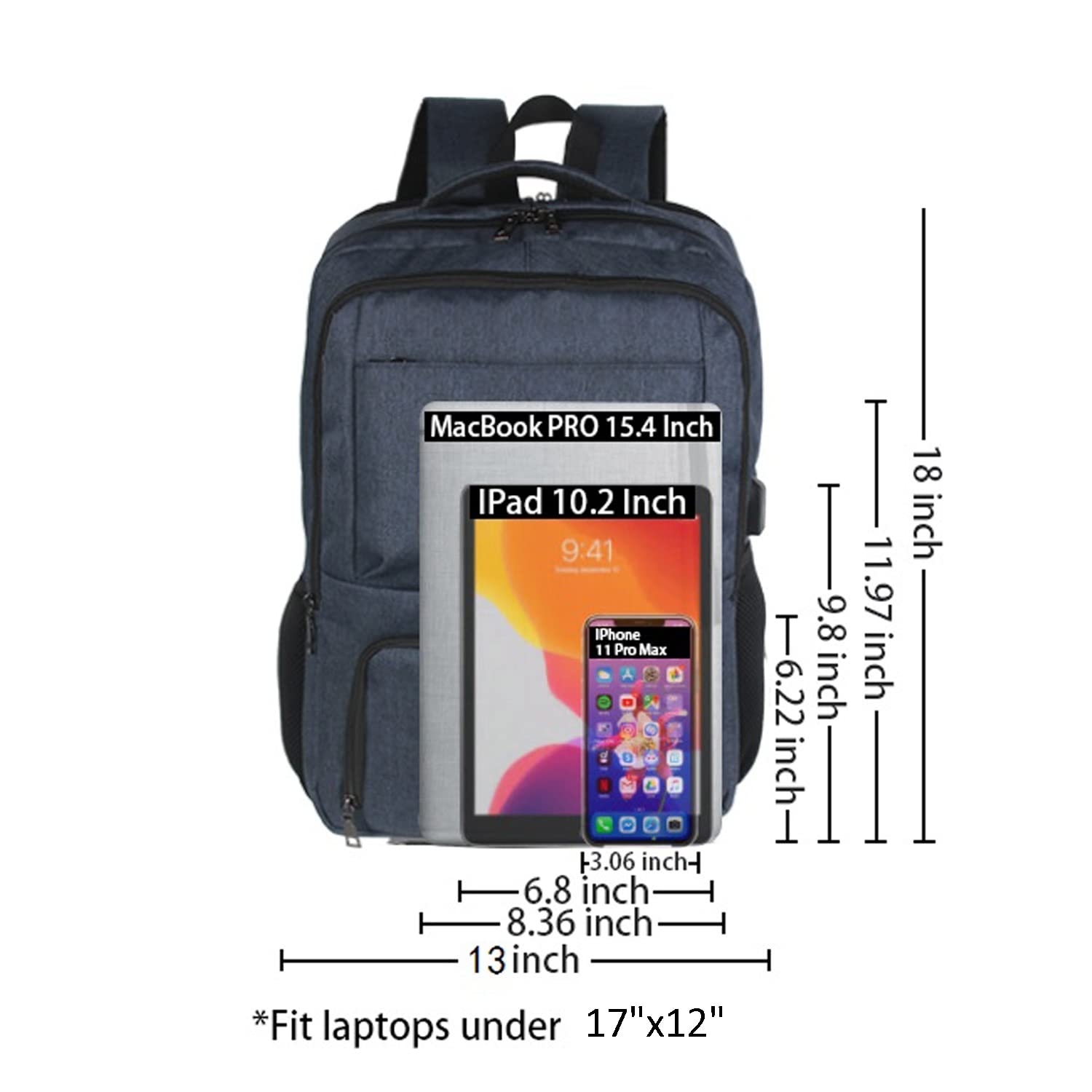 17 Inch Laptop Backpack for Business Travel - USB Charging Port & Anti-Theft Pocket - Navy Blue - Perfect for Work, College & Daily Commute