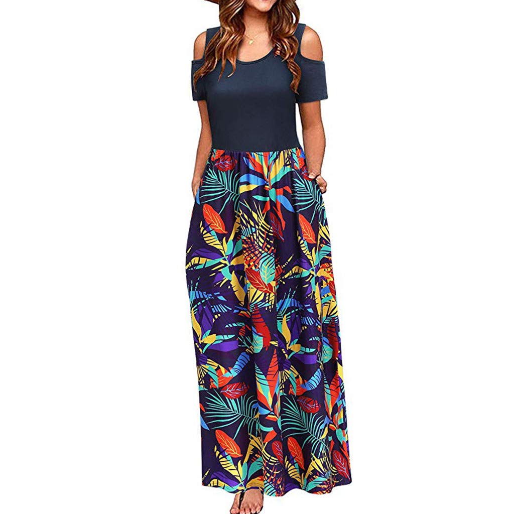 AODONG Women's Summer Floral Cold Shoulder Maxi Dress with Pockets - Casual Long Sundress for Beach, Vacation & Outdoor Activities