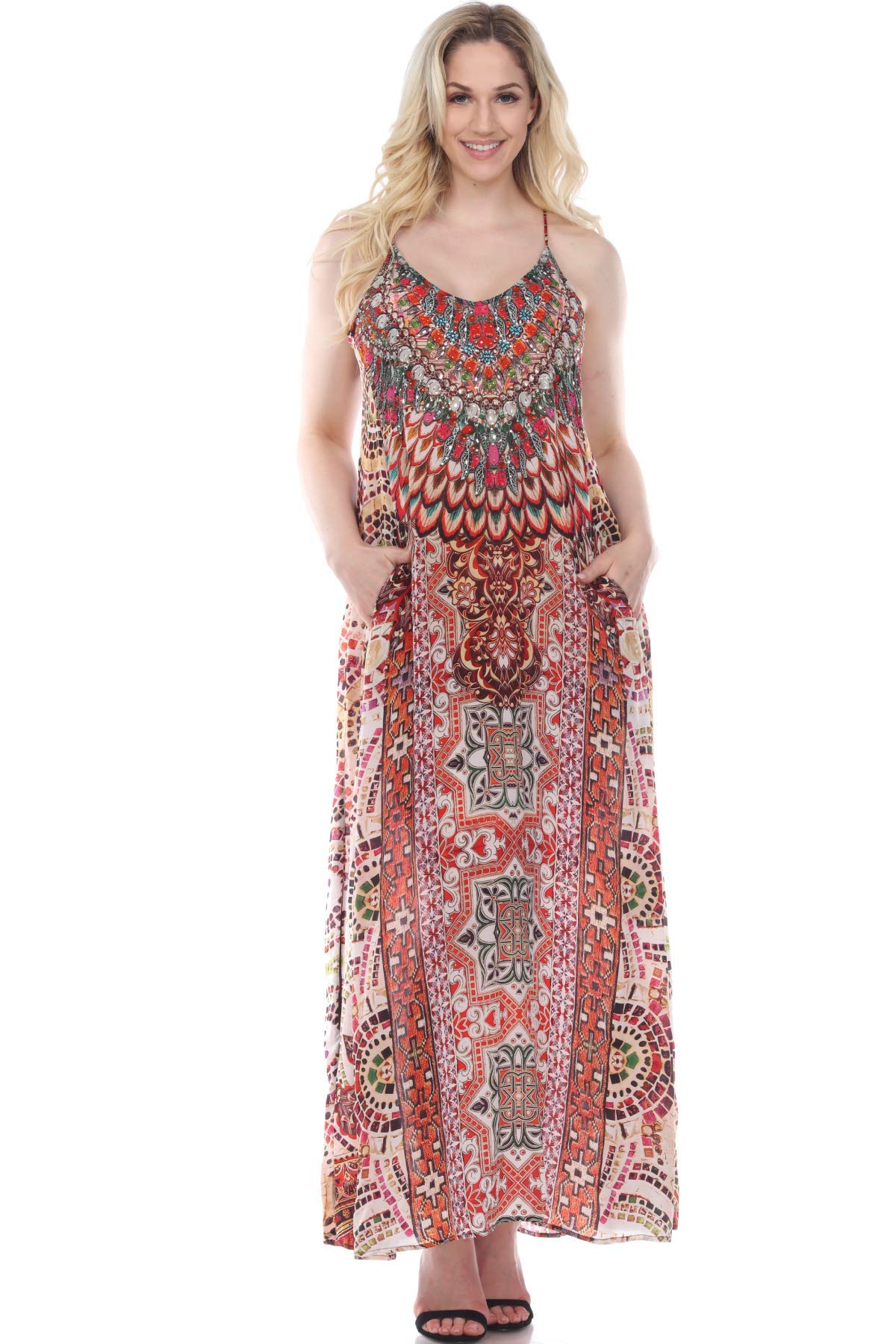 Women's Racerback T-Back Maxi Dress with Front Pocket - Boho Hippie Beach Cover Up for Resort, Cruise & Summer Vacation