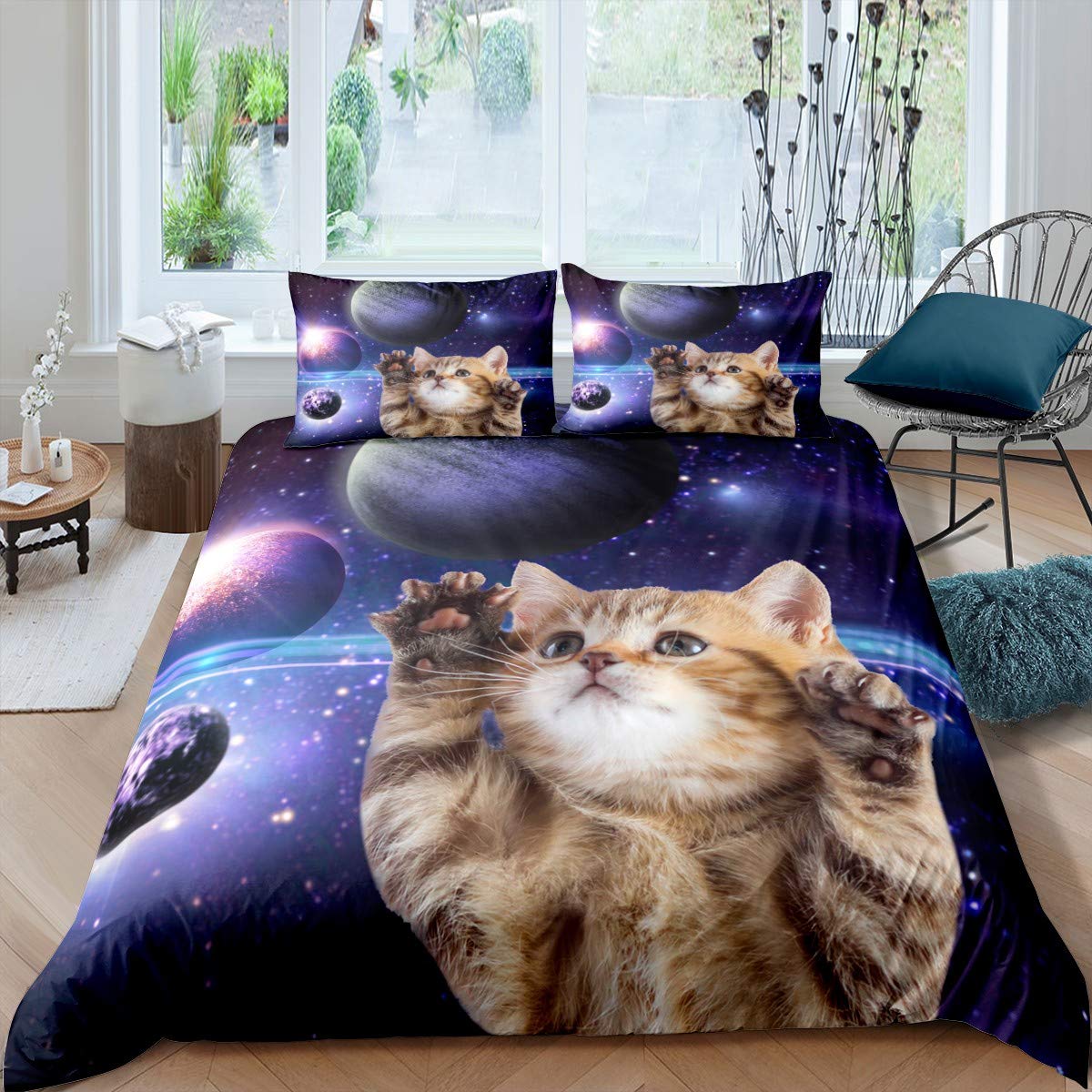 Feelyou Galaxy Cat Duvet Cover Set - Twin Size Space Themed Bedding for Kids (2Pcs) | Cute Kitten & Planet Print Comforter Cover | Perfect for Boys & Girls Bedroom Decor | Outer Space Theme Kids Room Collection