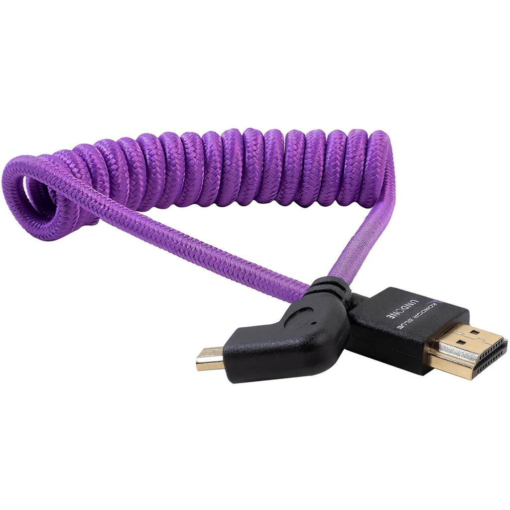 Kondor Blue Gerald Undone Braided Coiled High-Speed Right Angle Micro HDMI to HDMI Cable for Sony & Fujifilm Cameras (Purple Edition, 12-24in) - Perfect for Vlogging, Streaming & Professional Video Production