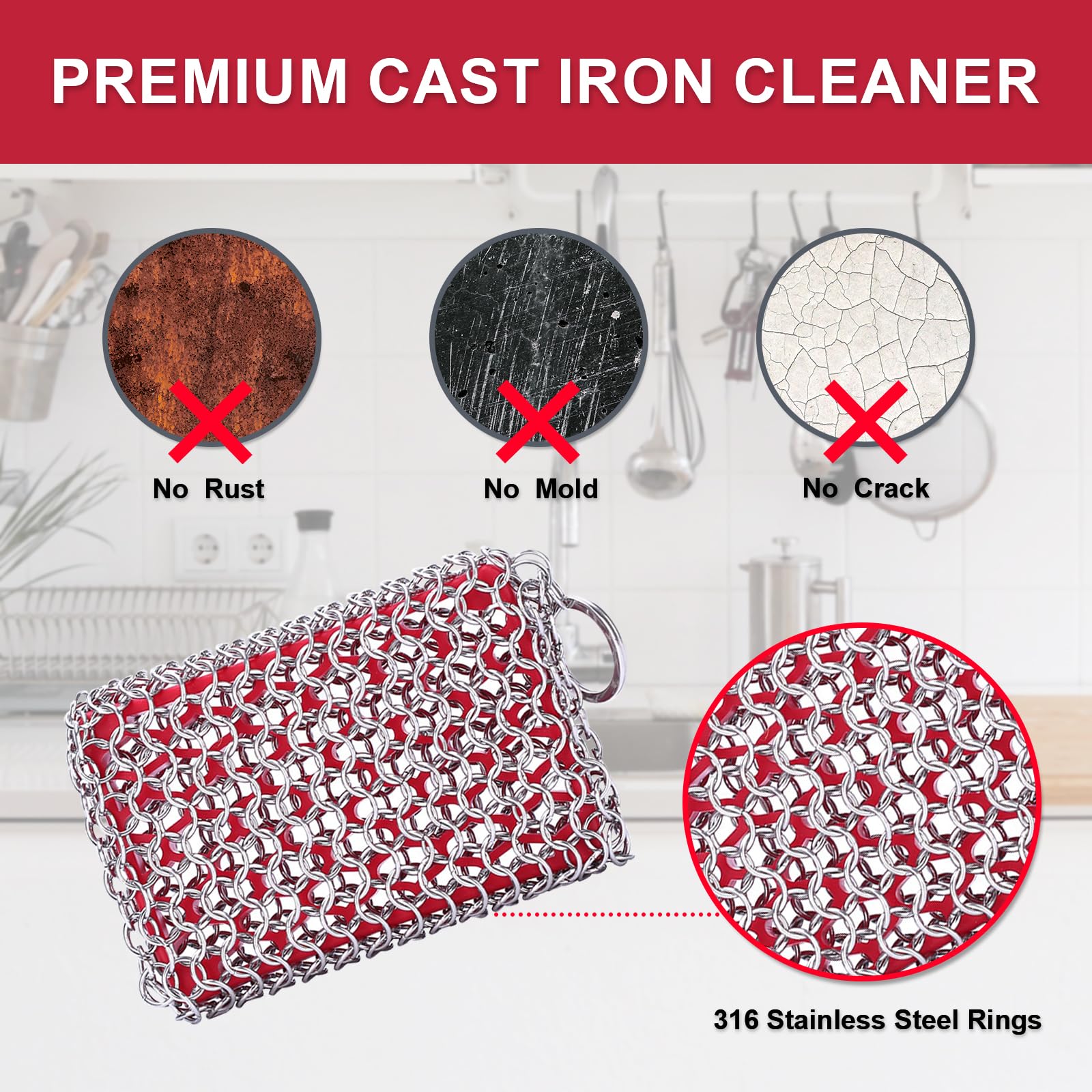 **316L Stainless Steel Chainmail Scrubber for Cast Iron Skillets & Dutch Ovens – Dishwasher Safe Cast Iron Cleaner with Silicone Insert – Perfect for Grill, Camping & Kitchen Cleaning Accessories**