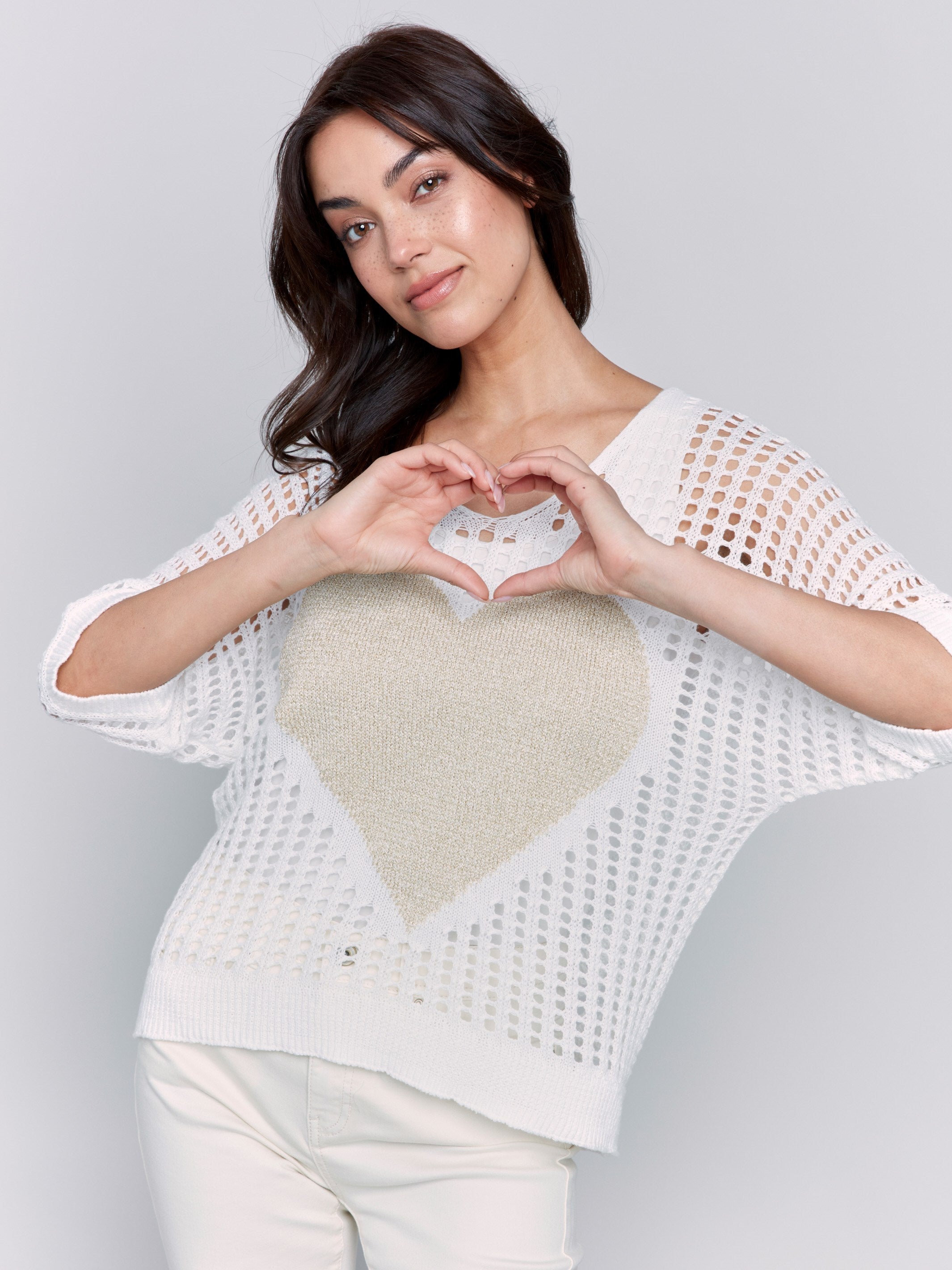 Stylish Fishnet V Neck Sweater with Gold Heart Charm - Trendy White Knit Top for Women | Perfect for Date Night, Party & Casual Outfits