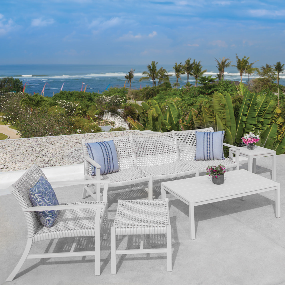 Catherine White Aluminum Settee in Ivory Wicker - Outdoor Patio Furniture for Garden, Poolside & Backyard Relaxation