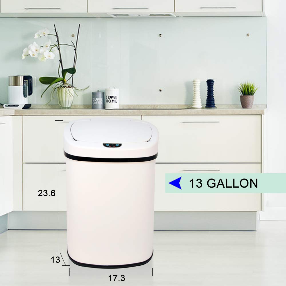 Automatic Touchless Stainless Steel Trash Can with Lid - 13 Gallon Sensor Kitchen Garbage Bin, Hands-Free Motion Sensor Waste Basket for Home, Office, Bathroom & Bedroom - Battery Powered, White - Perfect for Hygienic Waste Disposal in Kitchens, Bathrooms & Offices