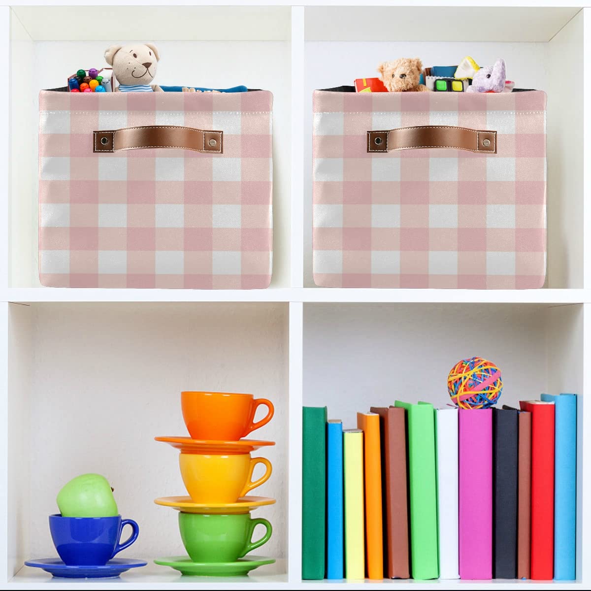 Pink Checkered Collapsible Storage Basket - Waterproof Rectangle Bin for Nursery Toys, Books & Clothes | Foldable Organizer for Closet Shelves, Bedroom Decor & Kids Room Organization