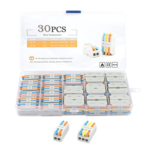 30pcs Lever Wire Nut Connectors - Electrical Wire Connectors Kit for 2-3 Circuit Inline Splices (28-12 AWG) | Compact Splicing Connectors Assortment Pack for DIY Home Wiring, Electrical Projects & Automotive Repairs