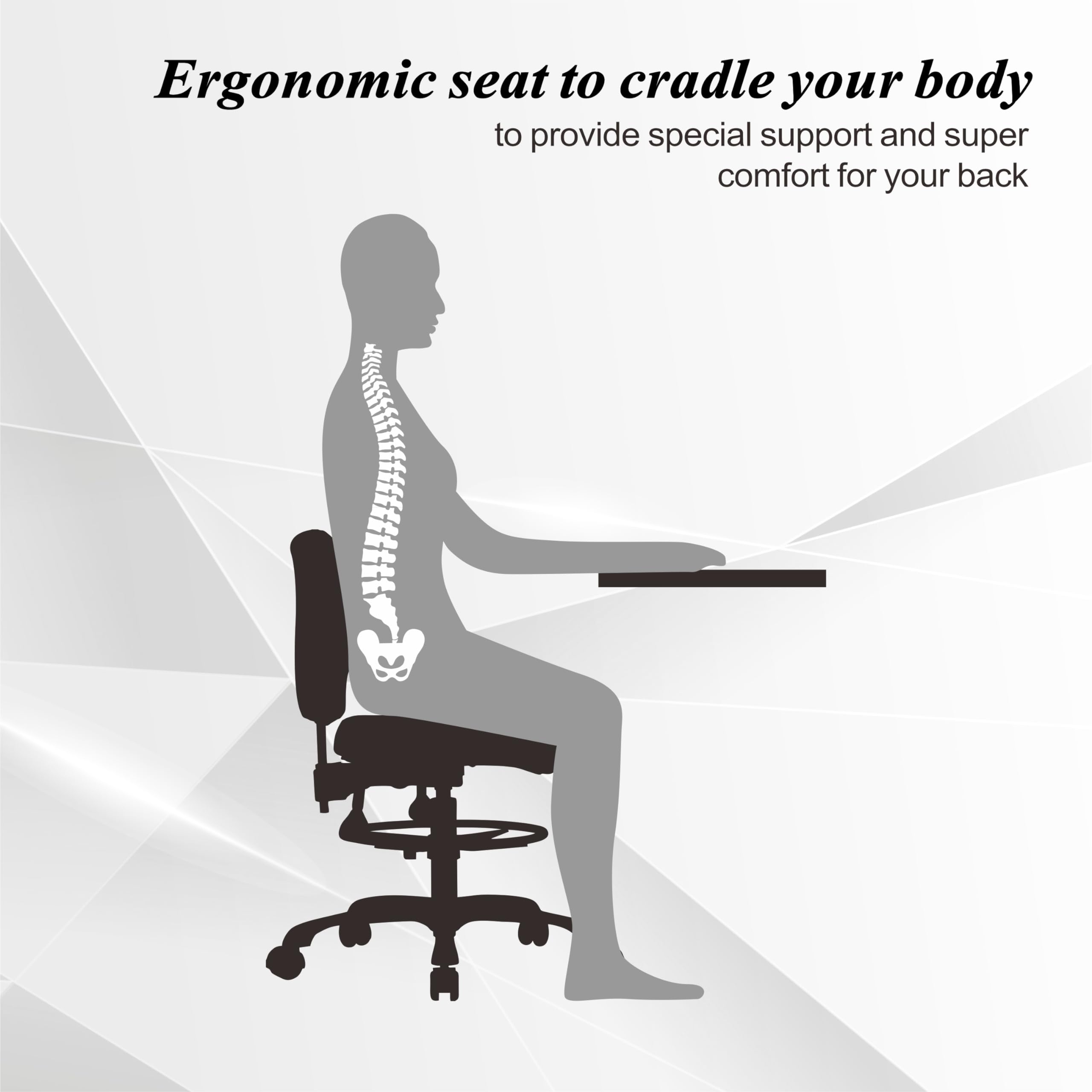 Ergonomic Drafting Stool with Back Support - Adjustable Height Rolling Office Chair with Wheels for Computer Work, Home Office, Studio & Crafting - Comfortable Black Shop Stool for Artists, Designers & Professionals