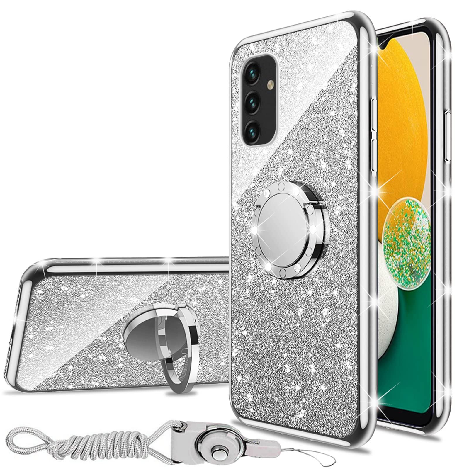 Samsung Galaxy A13 5G/4G Case - Cute Glitter TPU Silicone Cover with Ring Stand & Strap | Shockproof Full Body Protection | Perfect for Women & Girls | Ideal for Daily Use, Work & Travel - Silver
