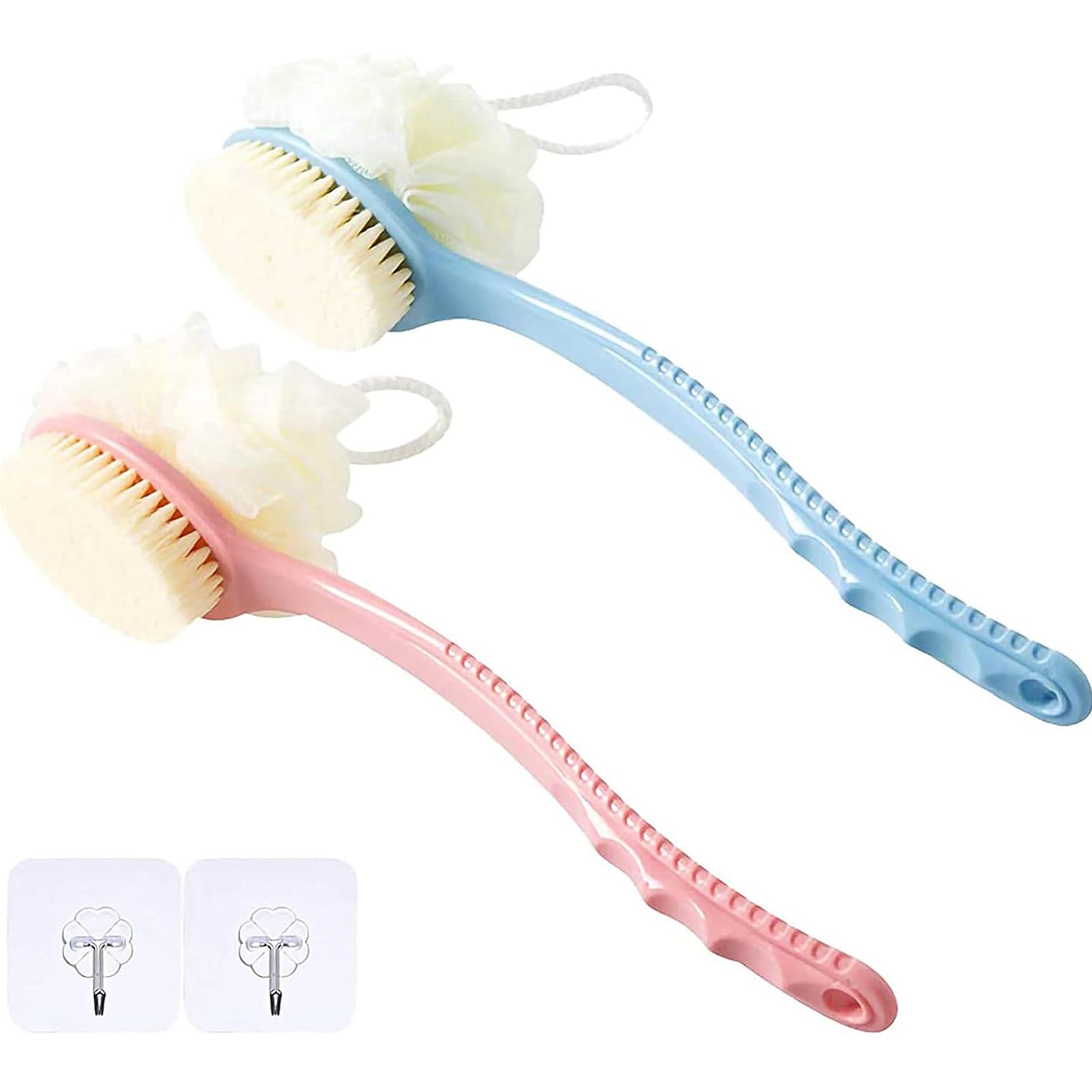 Bamyko 2-Pack Shower Body Brush with Bristles & Loofah - Exfoliating Back Scrubber & Bath Mesh Sponge - Anti-Slip Curved Handle for Wet/Dry Skin Care - Includes 2 Hooks (Perfect for Deep Cleansing & Relaxing Spa Experience)