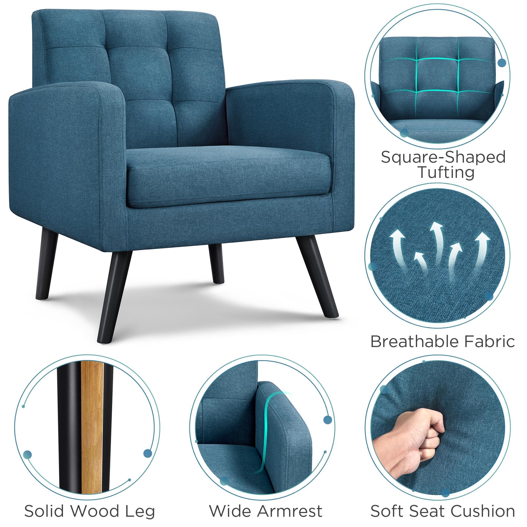 Yaheetech Mid-Century Modern Accent Chair - Navy Blue Upholstered Armchair with Button Tufted Back & Wooden Legs for Living Room, Bedroom, Office or Cafe - Perfect for Relaxing, Reading & Home Decor