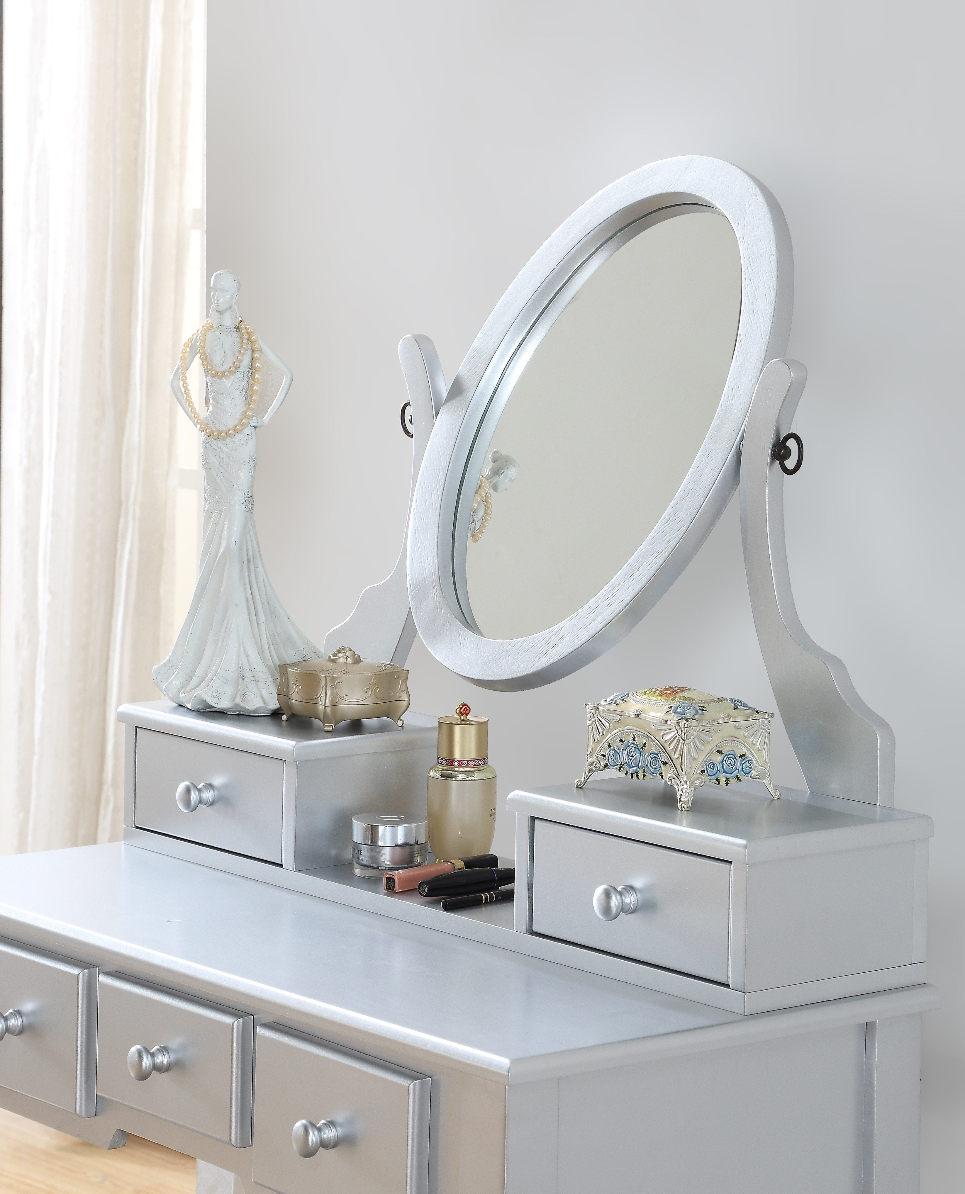 Ashley Wood Makeup Vanity Table with Stool Set - Roundhill Furniture - Elegant Dressing Table for Bedroom, Bathroom & Beauty Salon - Perfect for Makeup, Skincare & Hair Styling